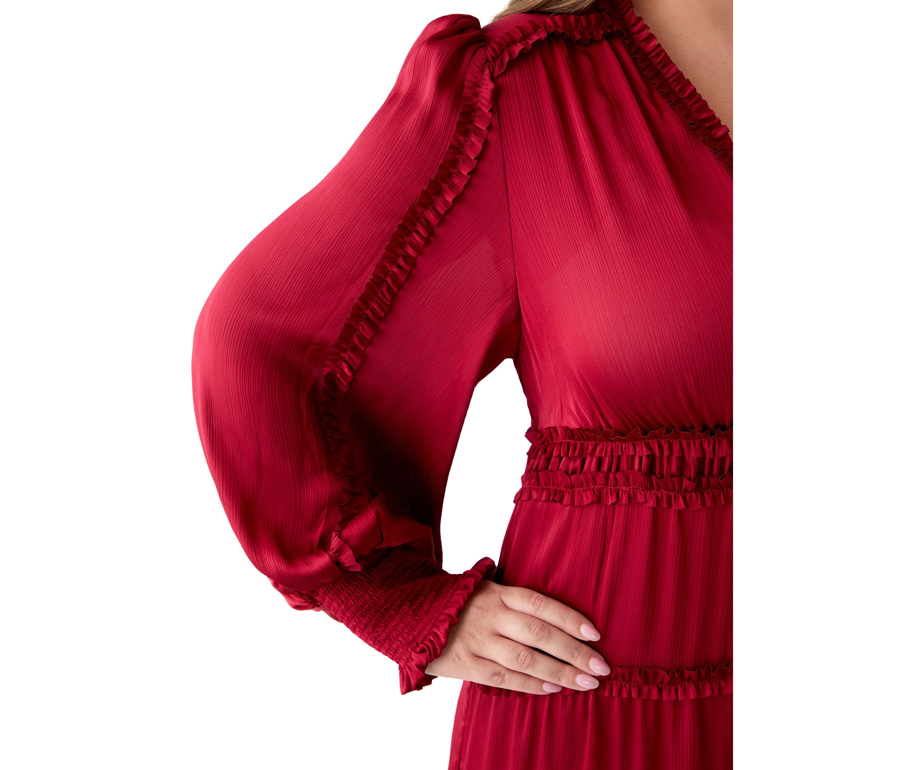 Plus Size Long Sleeve V-Neck Tiered Mulberry Red Maxi Dress