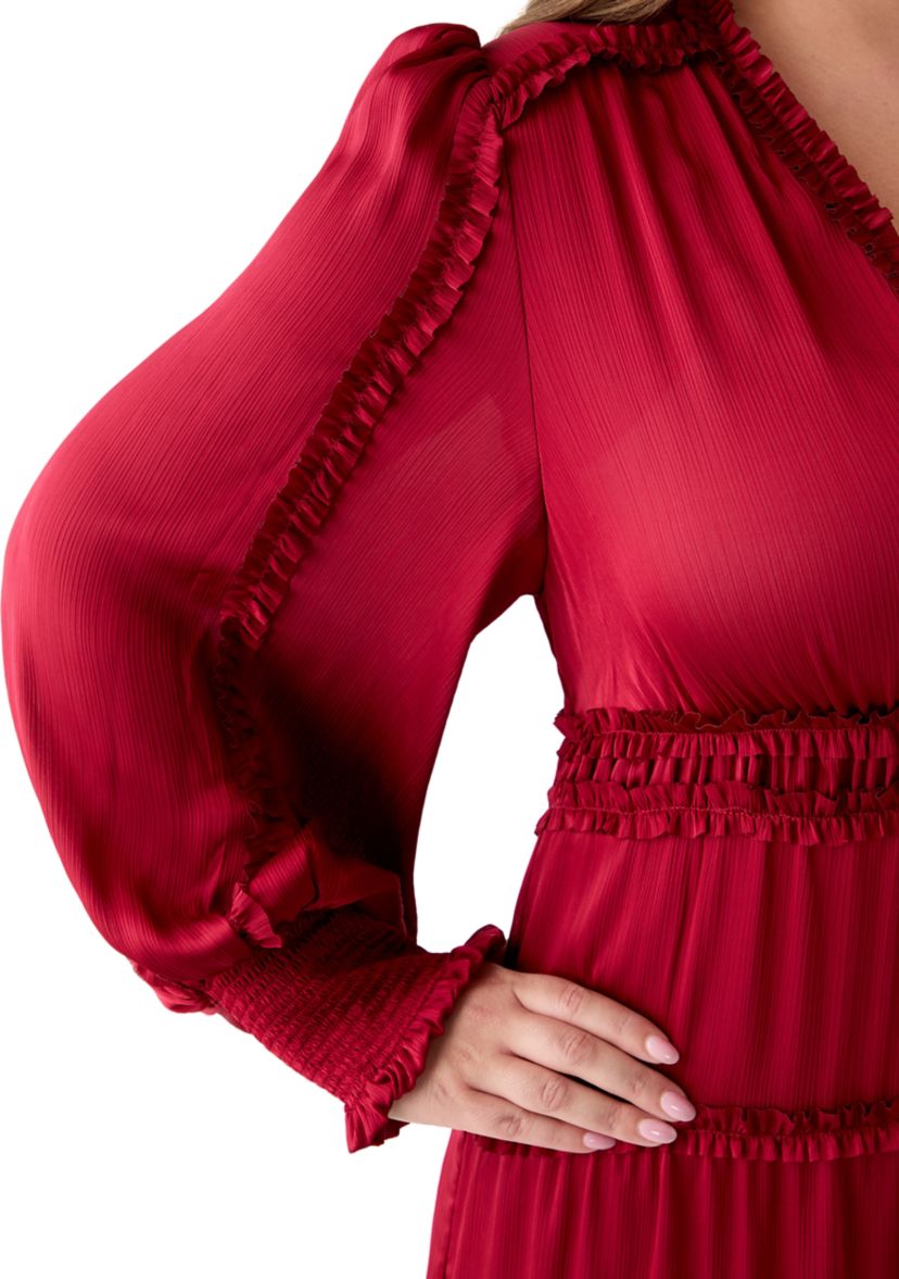 Plus Size Long Sleeve V-Neck Tiered Mulberry Red Maxi Dress