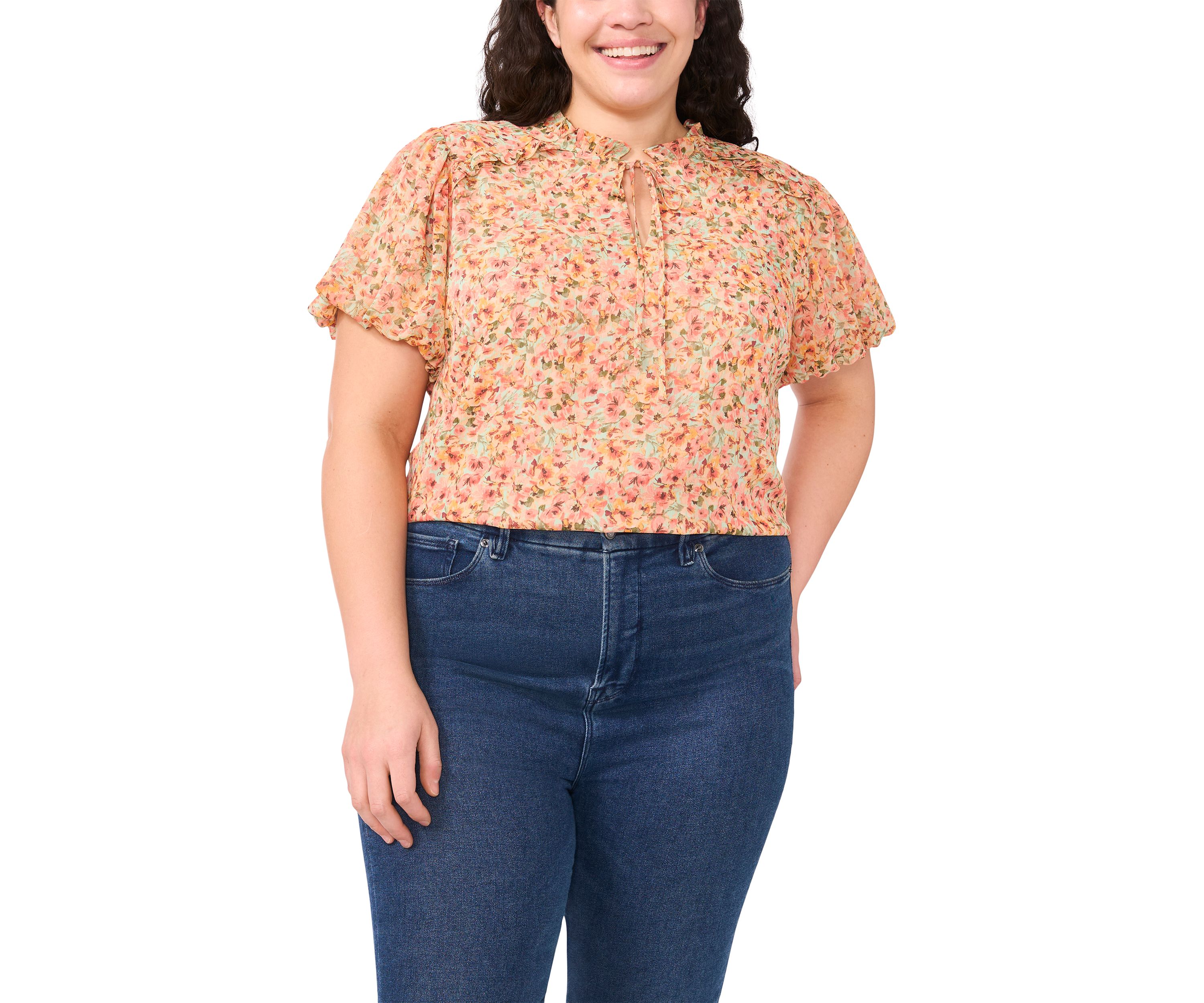Plus Size Puff Sleeve Split Neck Blouse 