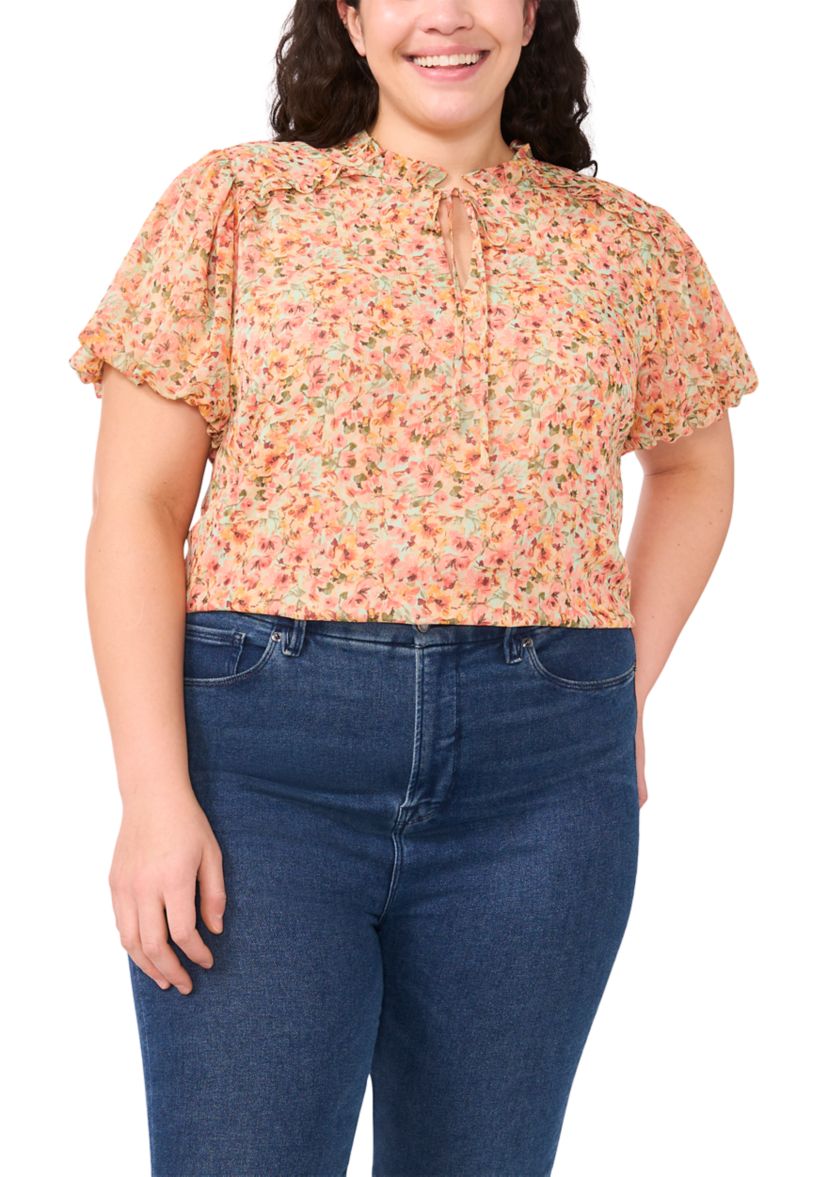 Plus Size Puff Sleeve Split Neck Blouse 