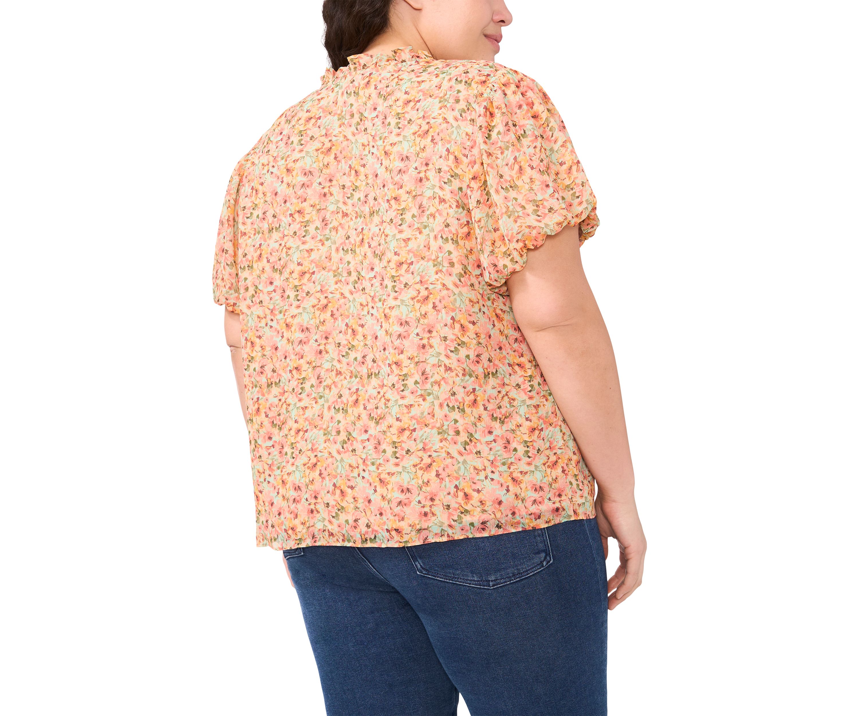 Plus Size Puff Sleeve Split Neck Blouse 