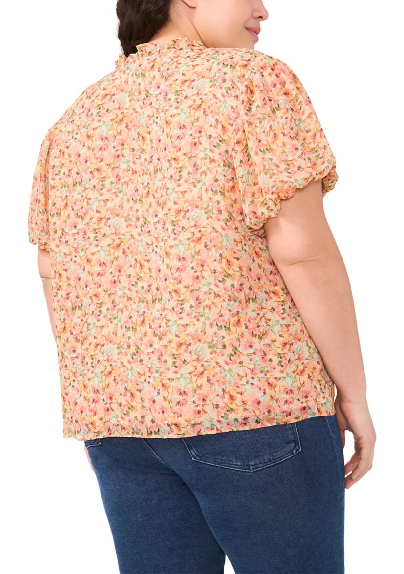 Plus Size Puff Sleeve Split Neck Blouse 