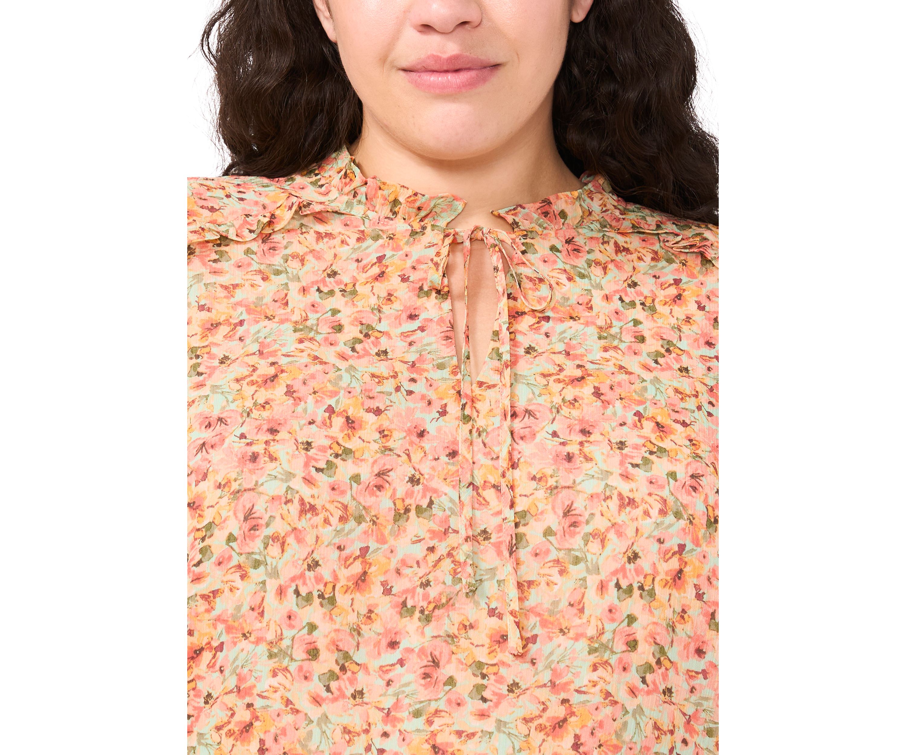 Plus Size Puff Sleeve Split Neck Blouse 