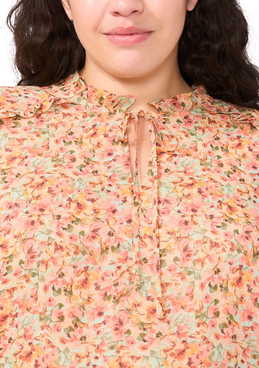 Plus Size Puff Sleeve Split Neck Blouse 
