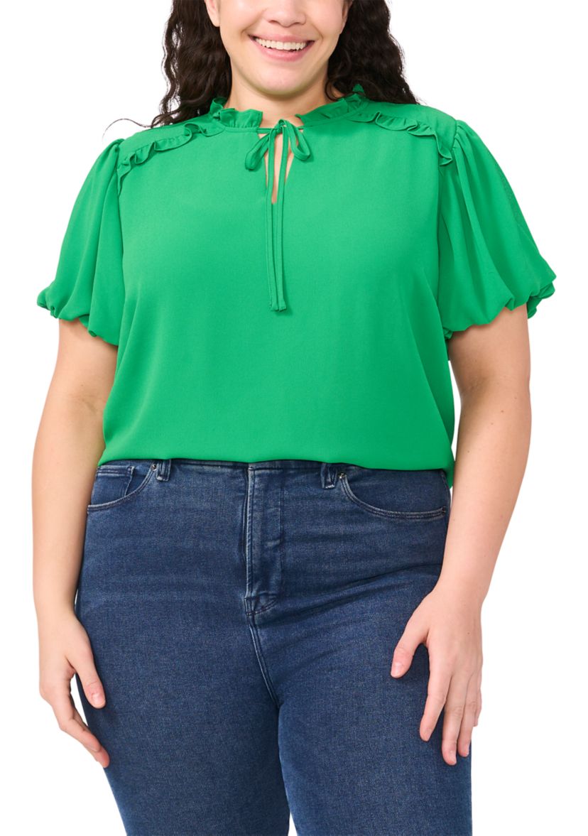 CeCe Plus Size Puff Sleeve Split Neck Blouse Belk