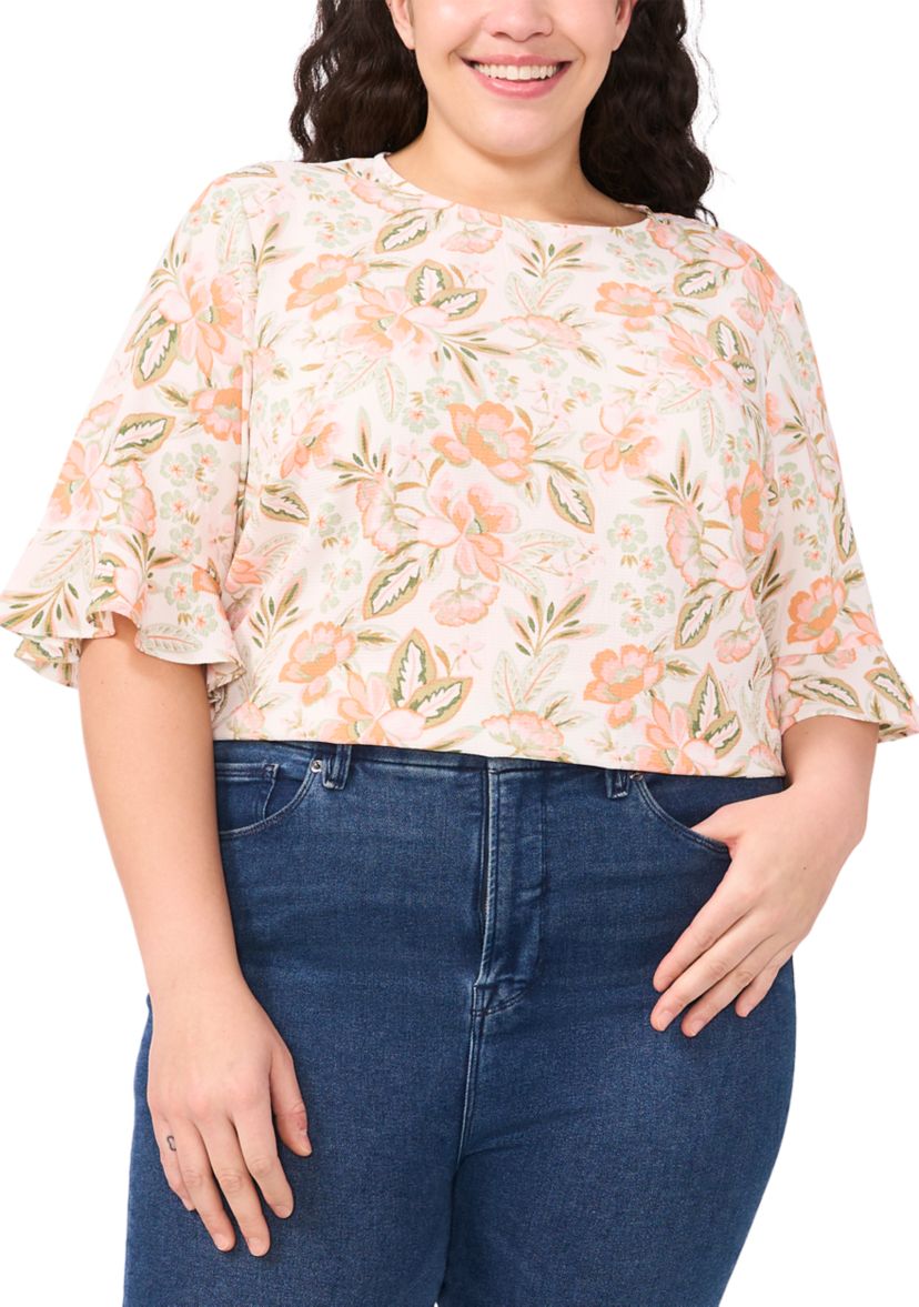 Plus Size Short Ruffle Cuff Printed Blouse 