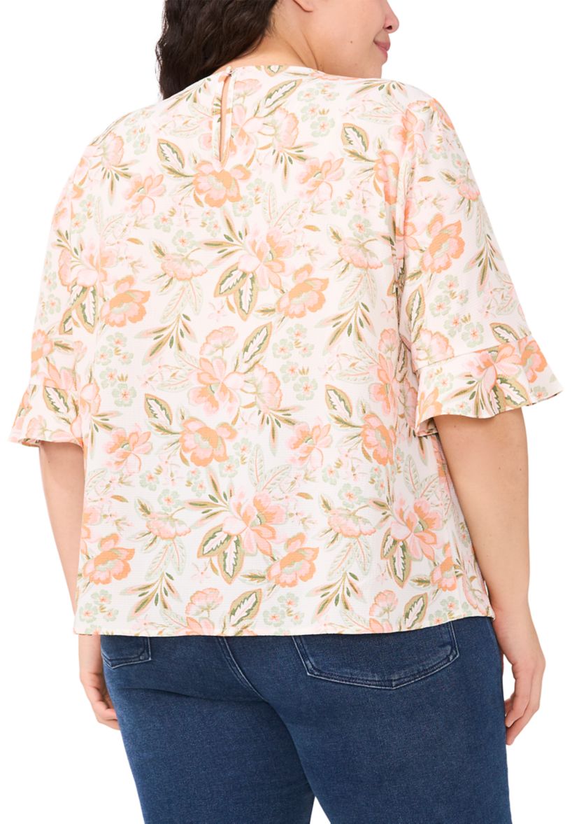 Plus Size Short Ruffle Cuff Printed Blouse 