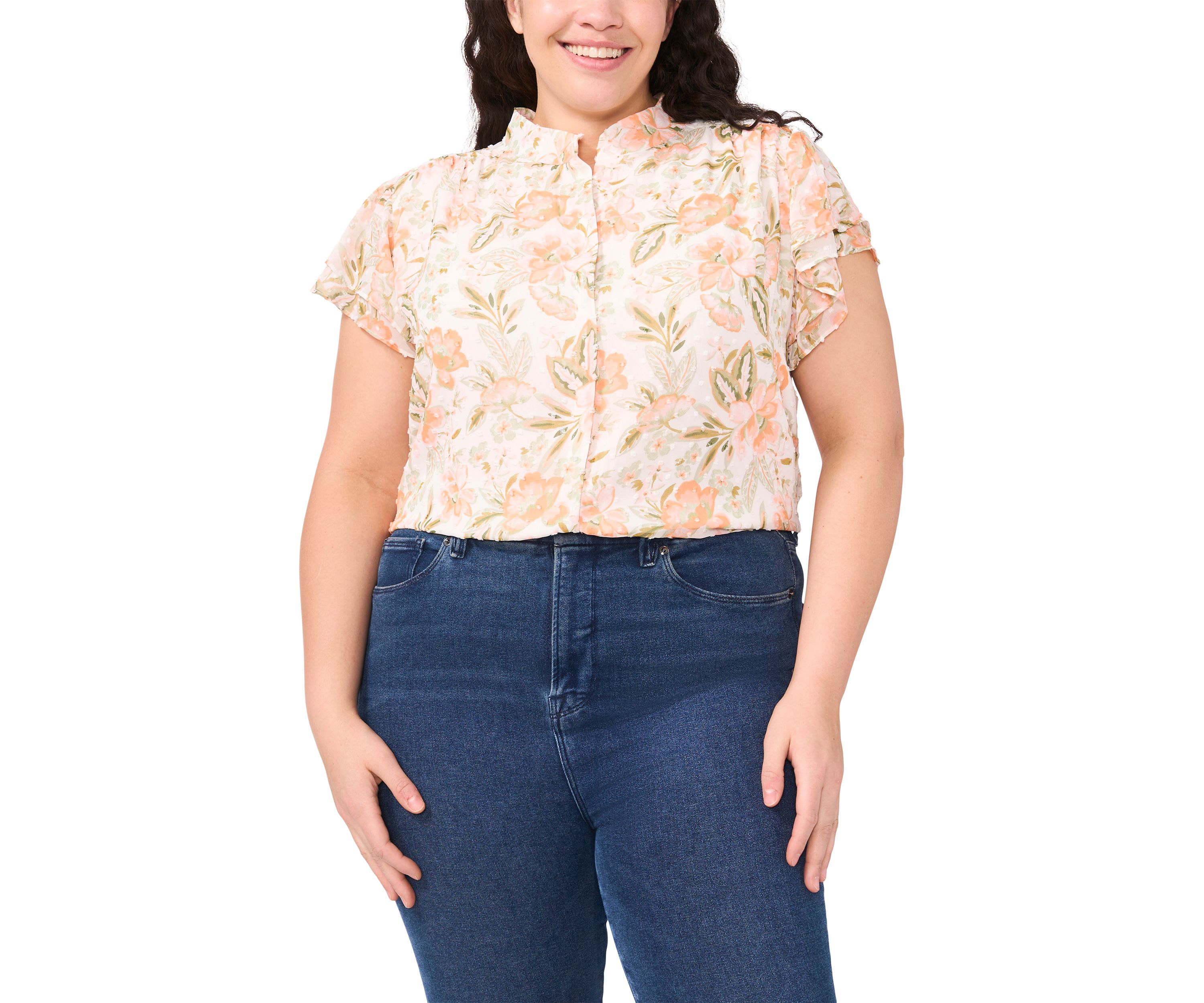 Plus Size Short Sleeve Button Front Double Flutter Top