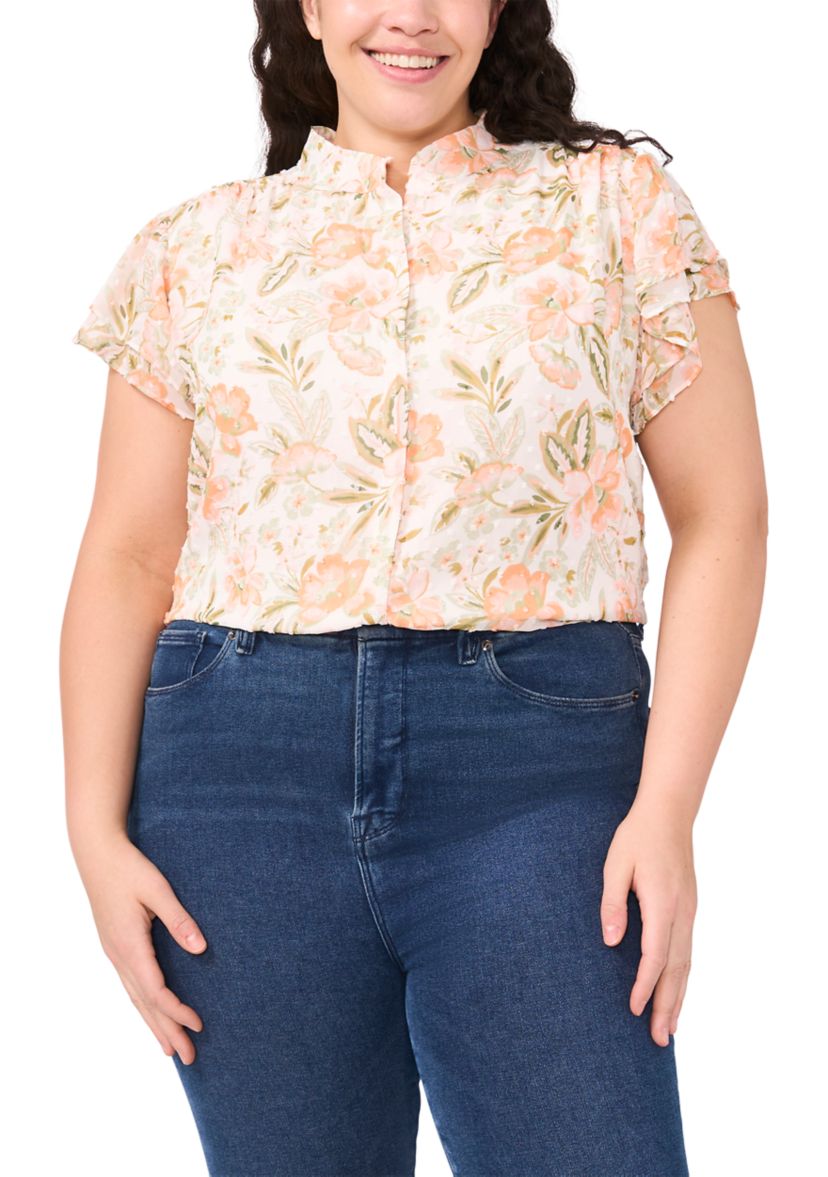 Plus Size Short Sleeve Button Front Double Flutter Top