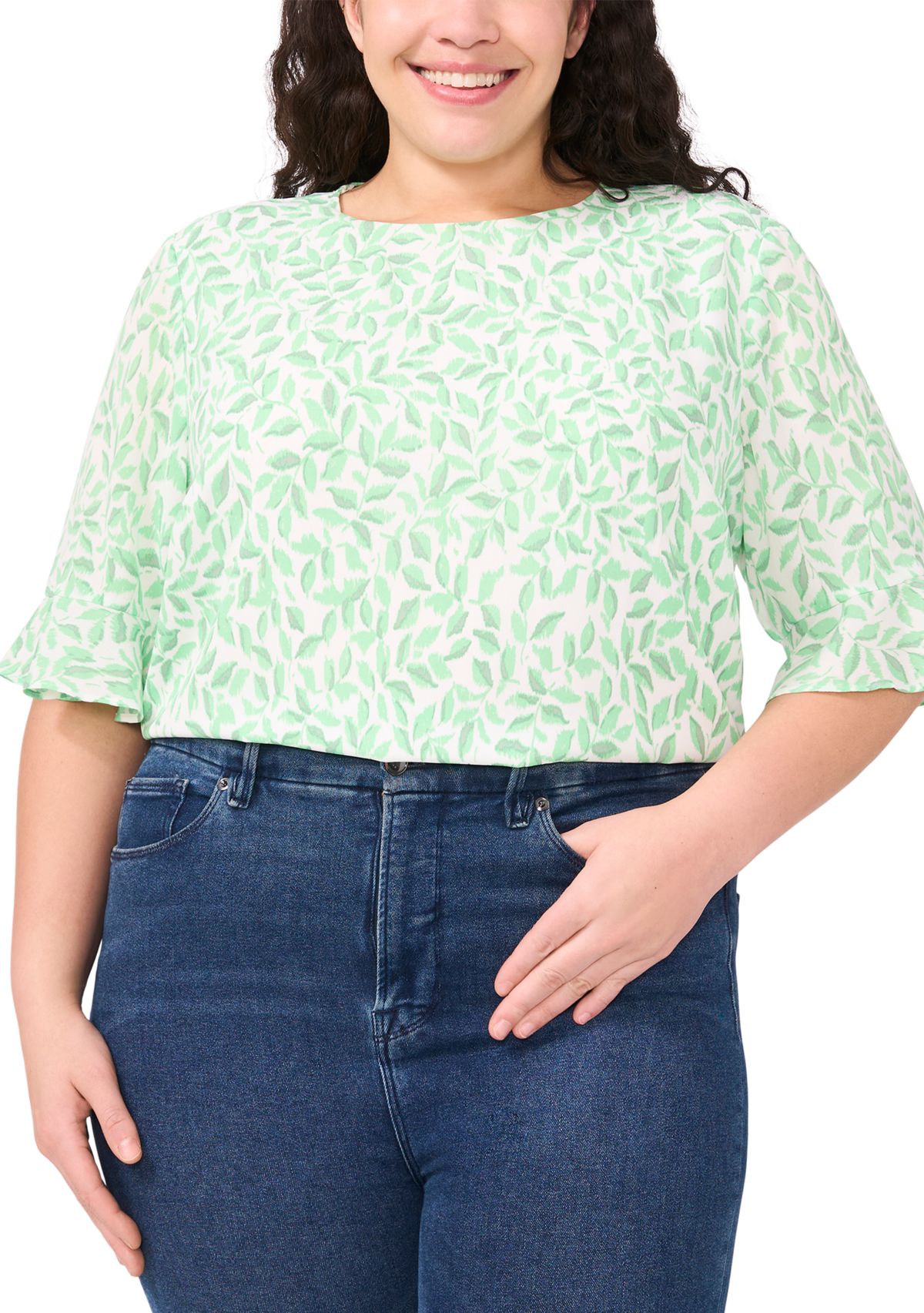Plus Size Printed Ruffle Cuff Woven Top