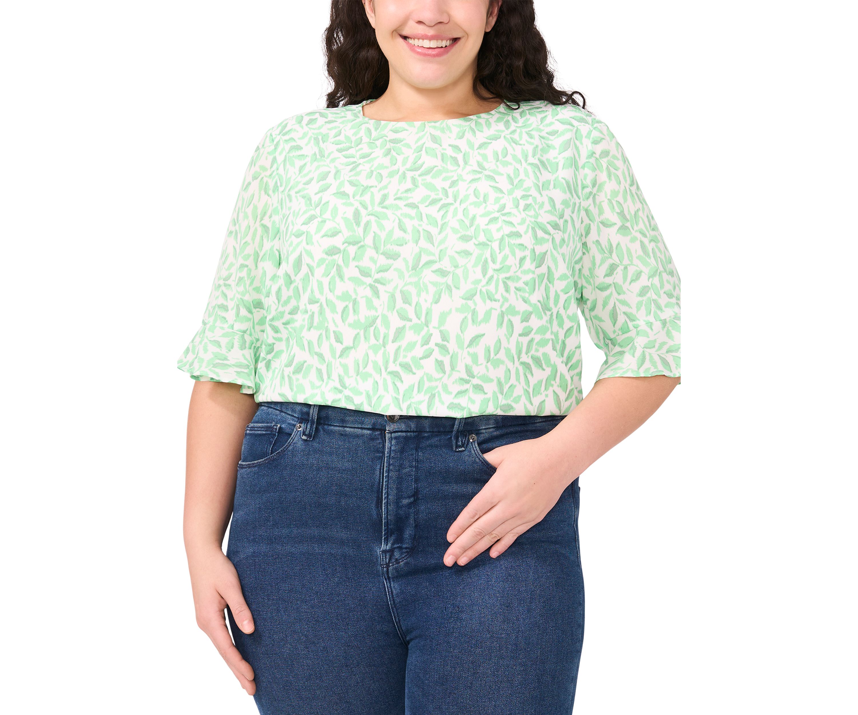 Plus Size Printed Ruffle Cuff Woven Top