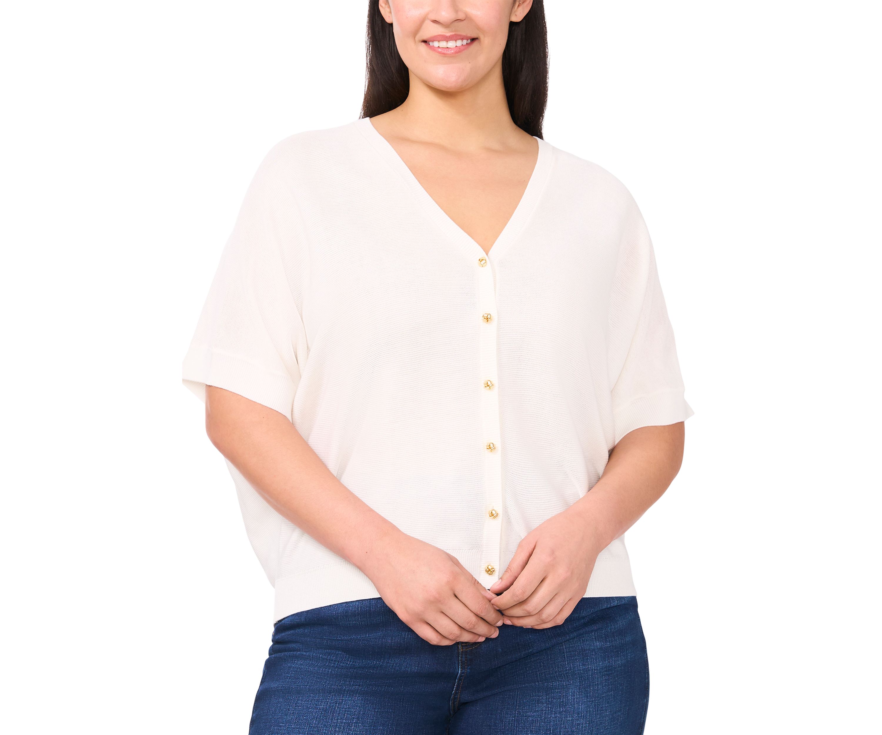 Plus Size Short Sleeve Button Front Sweater