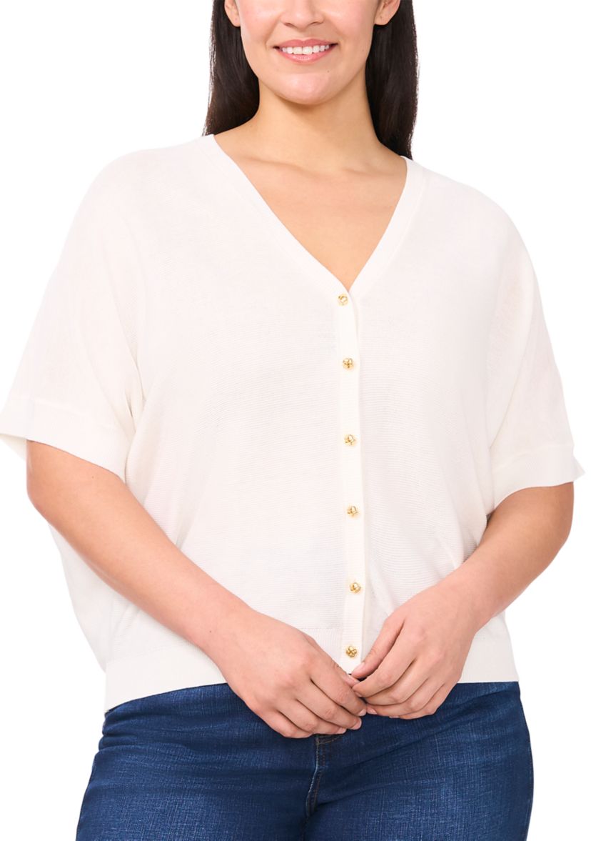Plus Size Short Sleeve Button Front Sweater