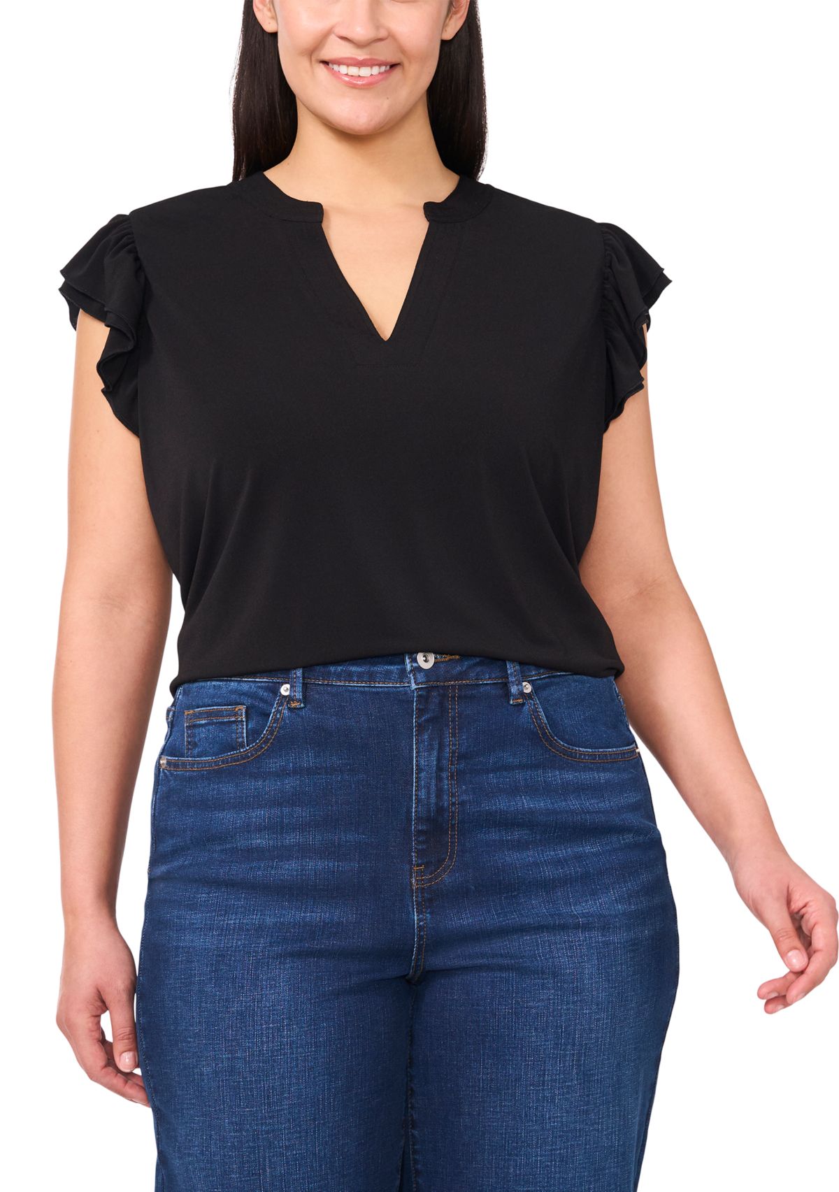 Plus Size Short Sleeve V-Neck Double Flutter Top