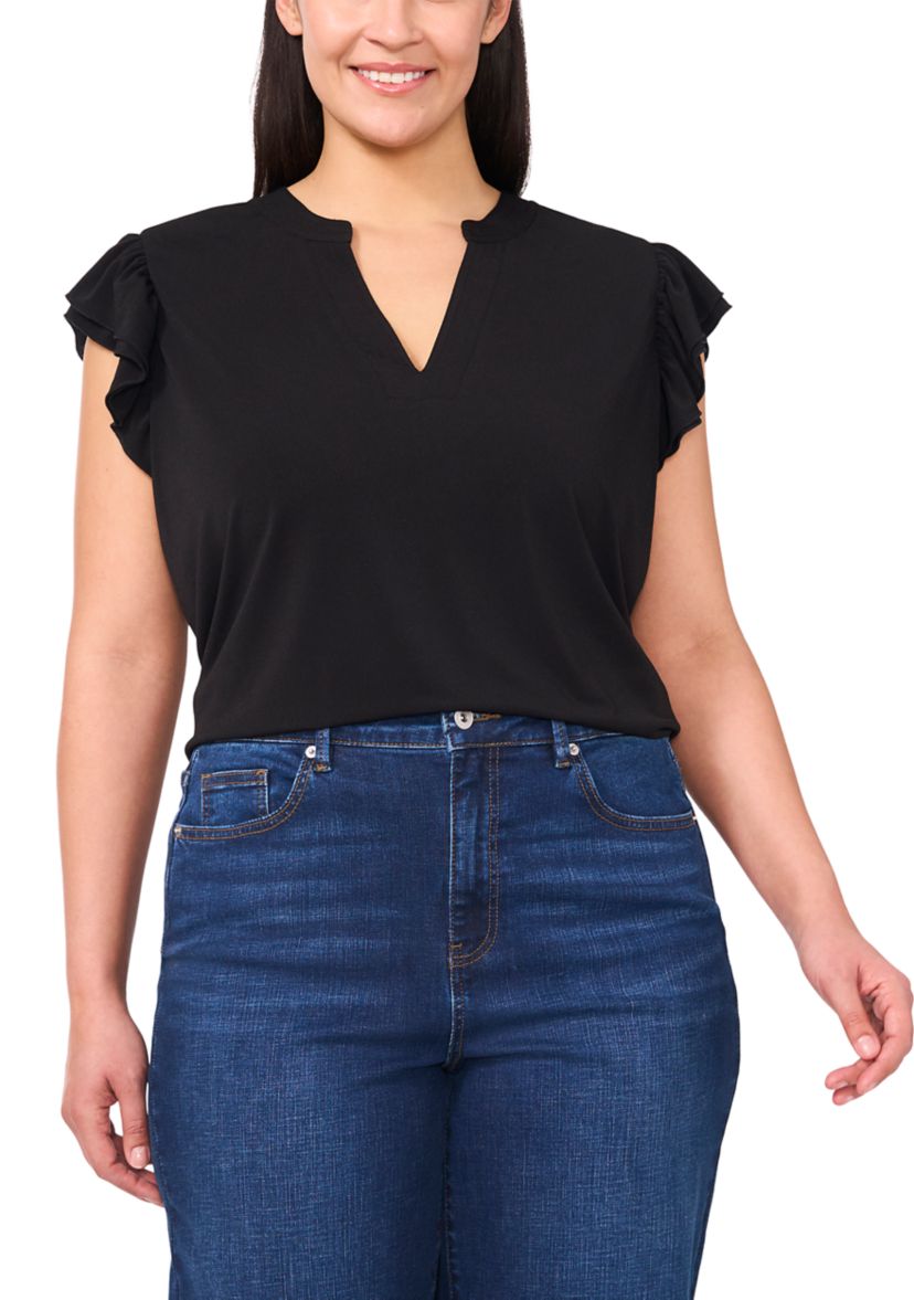 Plus Size Short Sleeve V-Neck Double Flutter Top