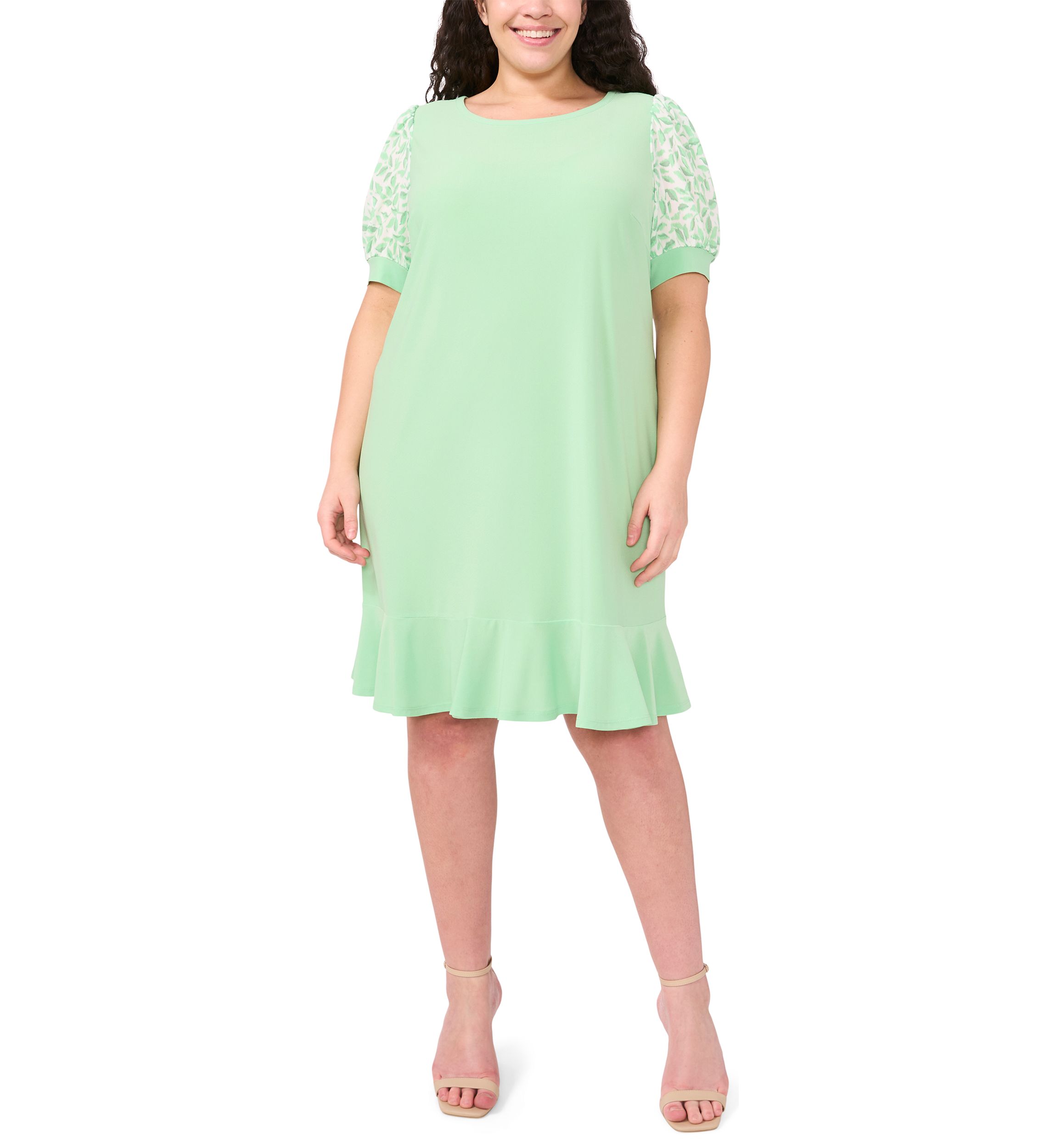 Plus Size Clip Dot Puff Sleeve Dress