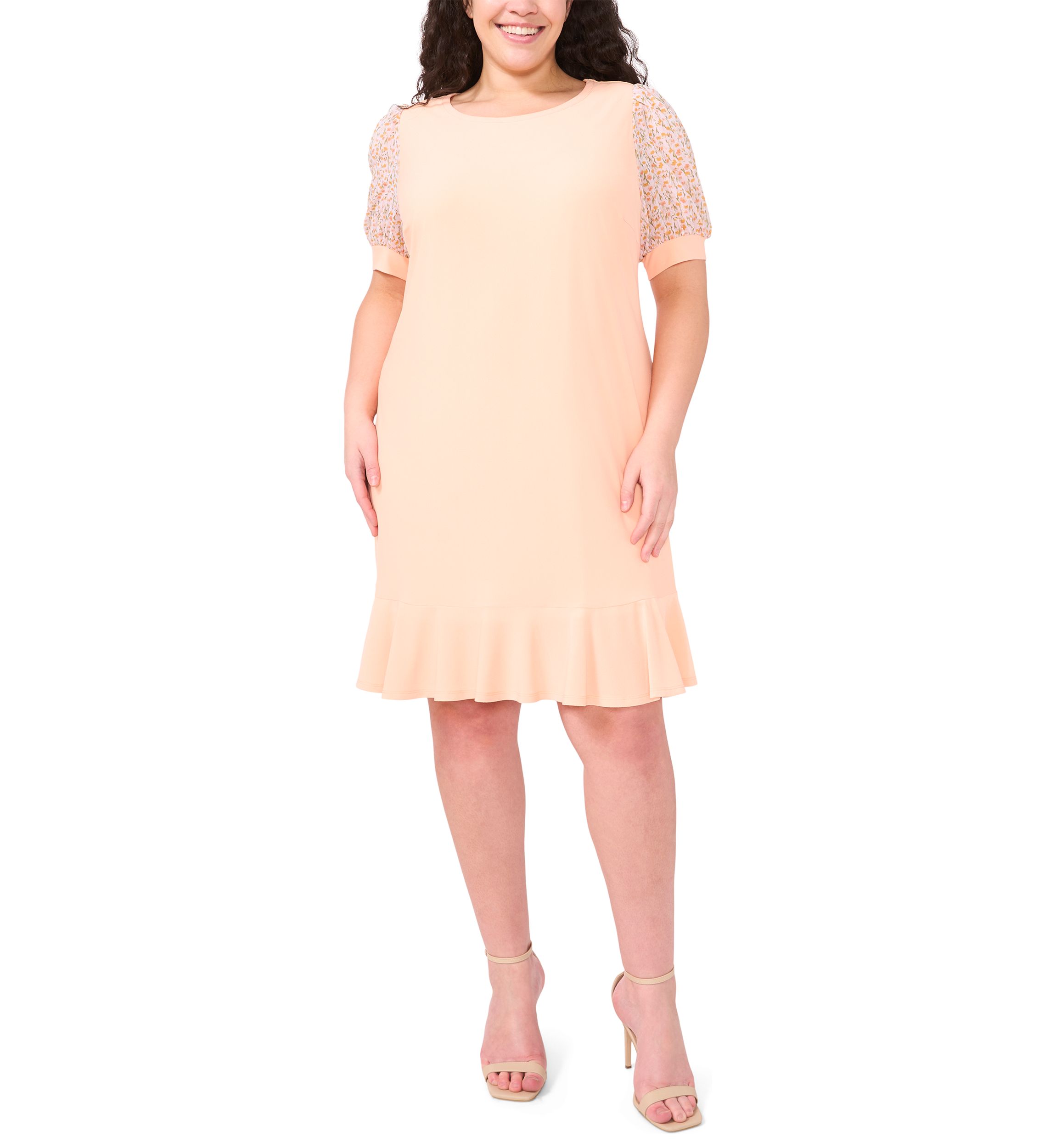 Plus Size Clip Dot Puff Sleeve Dress