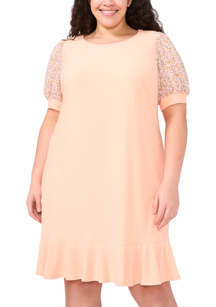Plus Size Clip Dot Puff Sleeve Dress