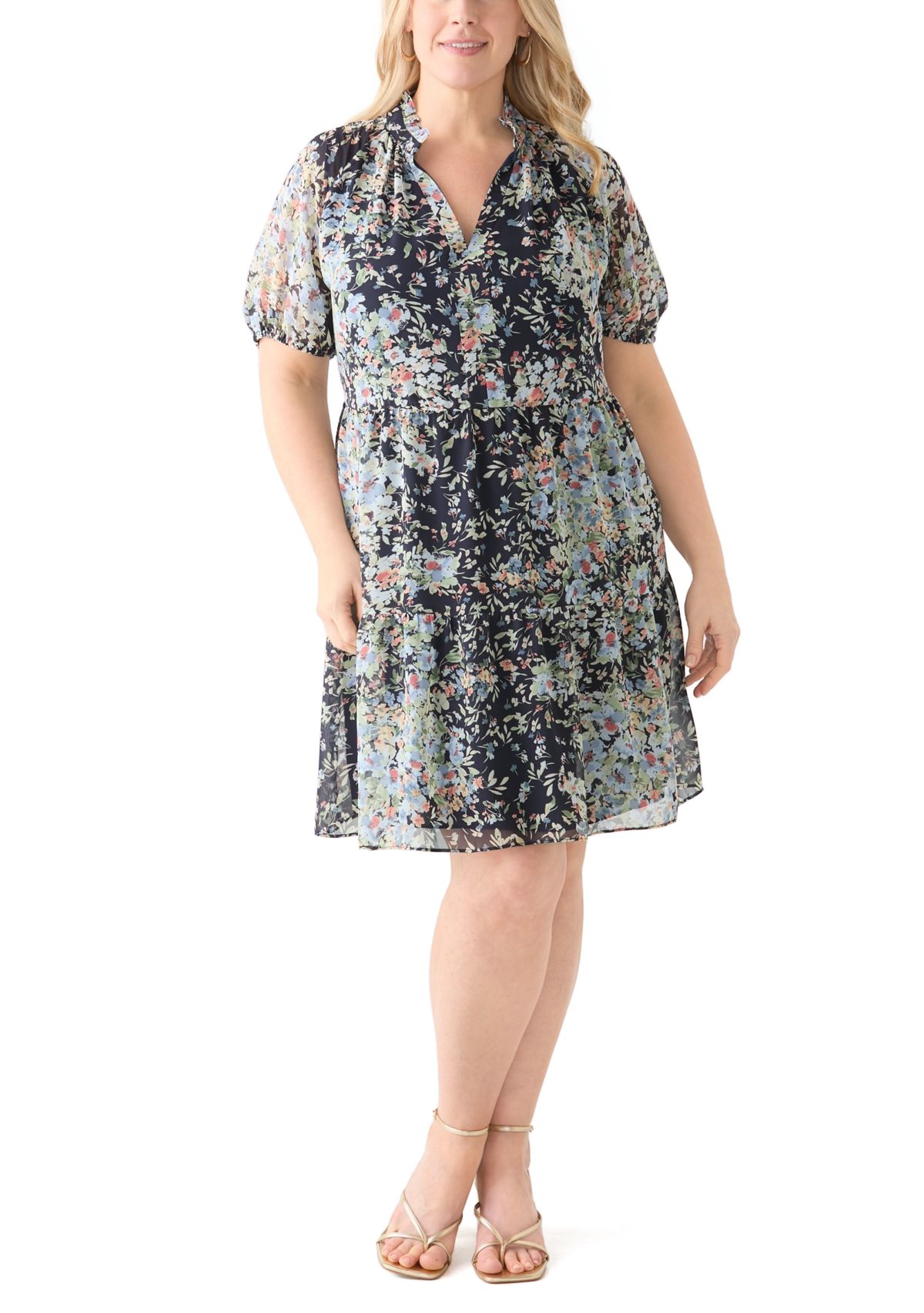 Plus Size Tiered Ruffle Neck Printed Dress