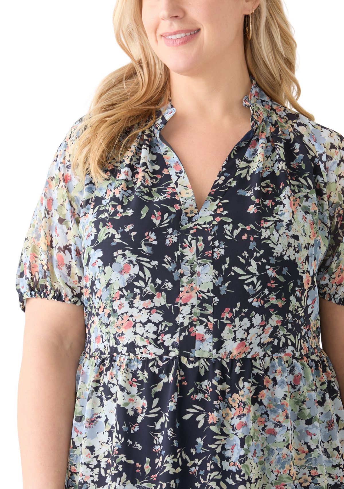 Plus Size Tiered Ruffle Neck Printed Dress