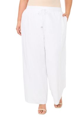 CeCe Women's Plus Size Elastic Tie Waist Pants, White, 3X