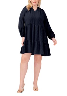 CeCe Women's Plus Size Clip Dot Babydoll Dress, Navy Blue, 3X