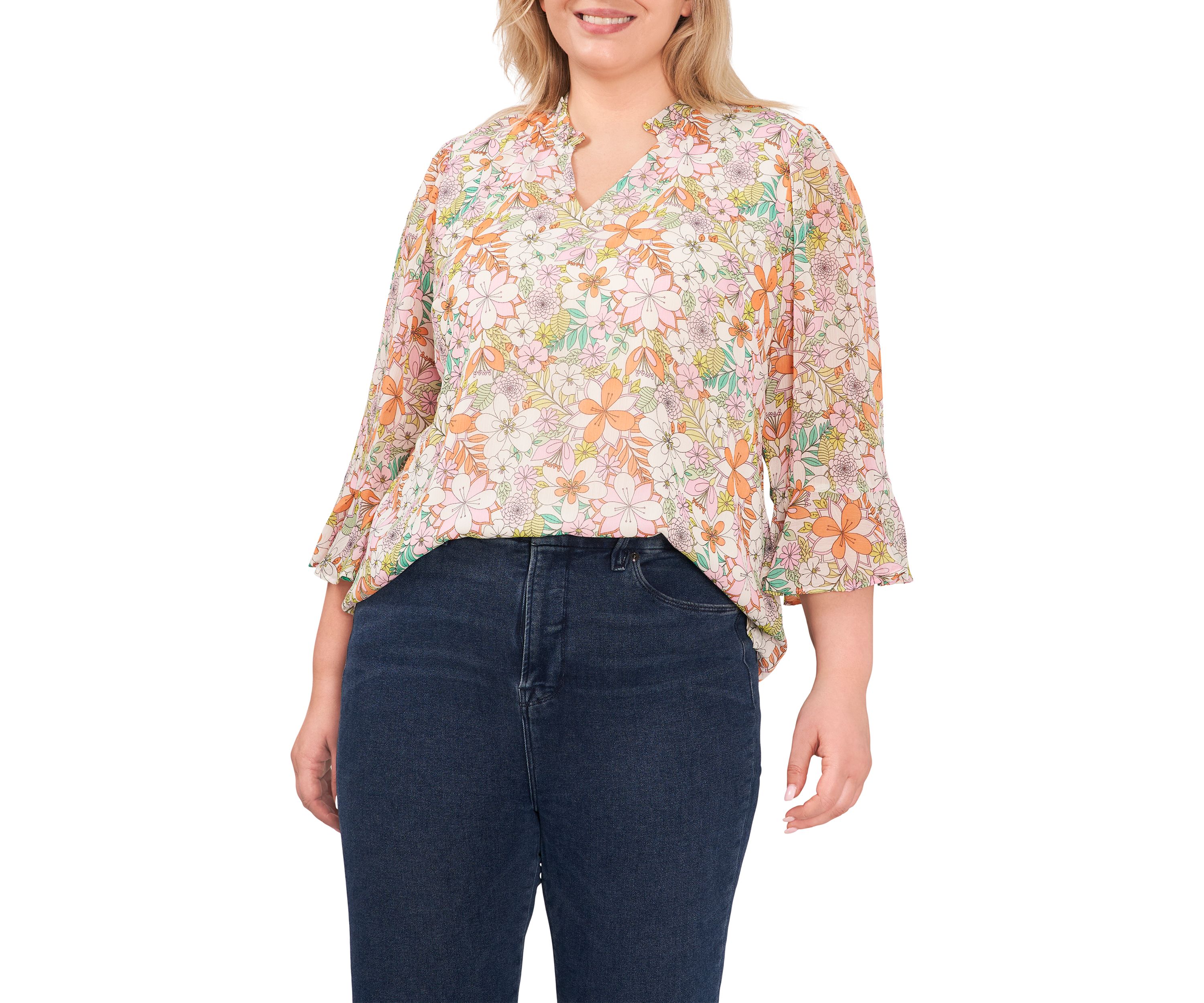 Plus Size Ruffle Split Neck Blouse