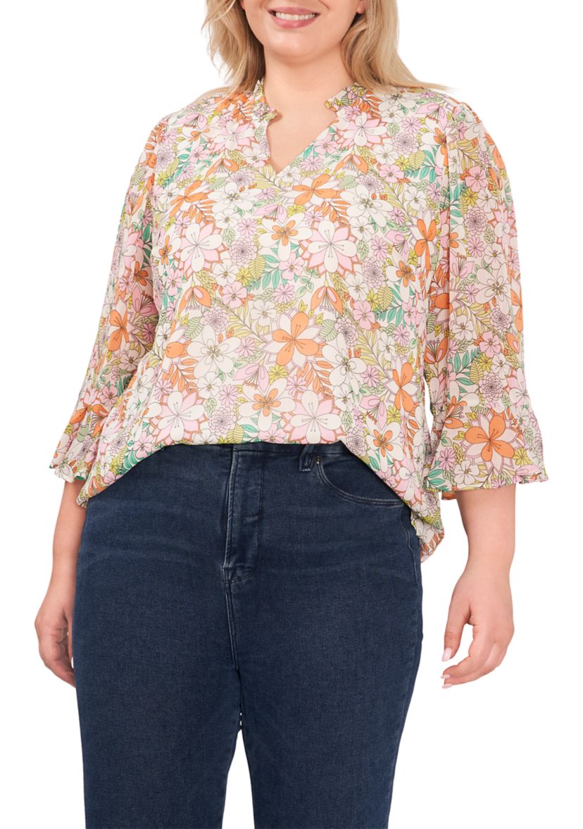 Plus Size Ruffle Split Neck Blouse