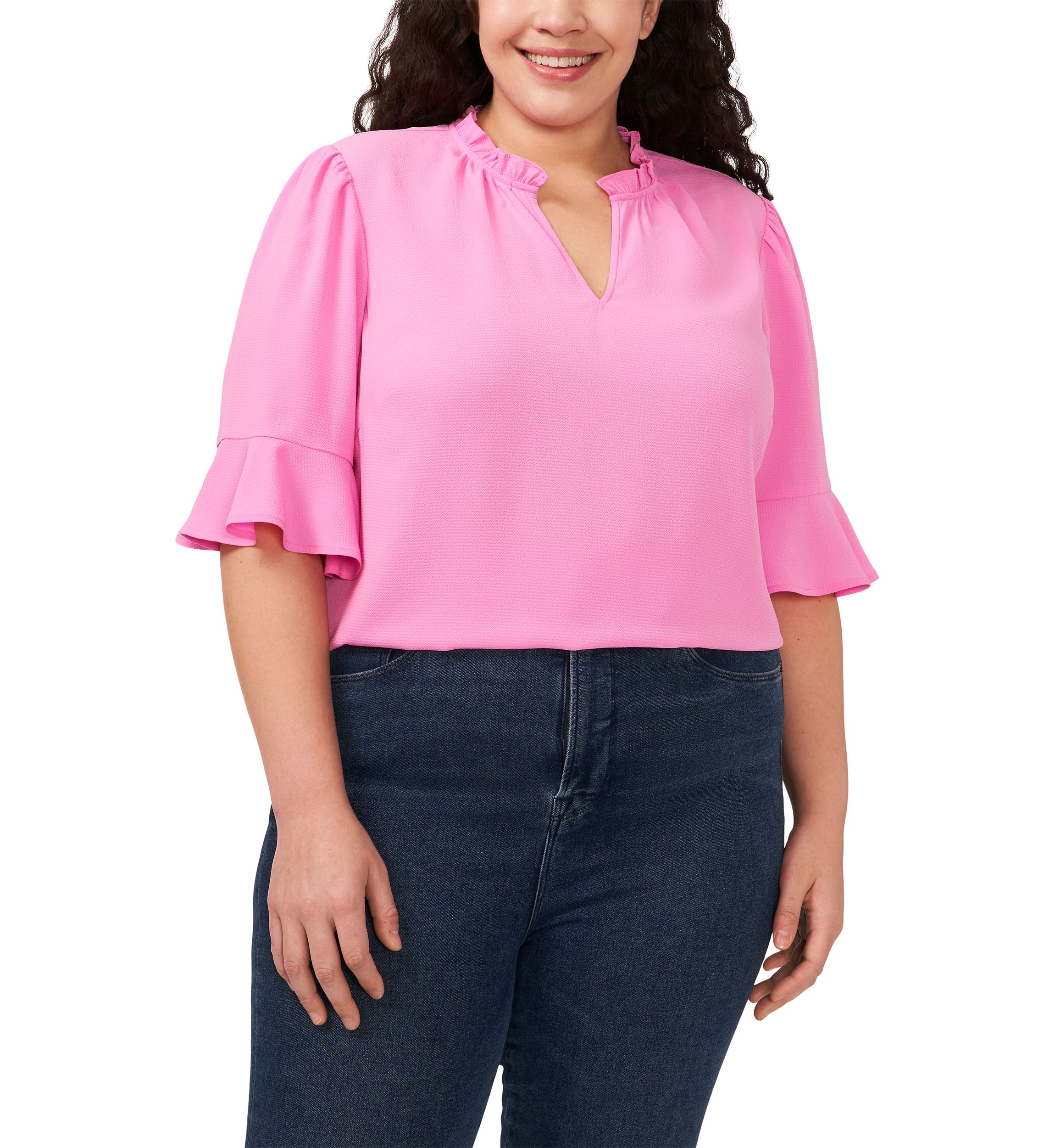 Plus Size Elbow Sleeve Shirred Ruffle Blouse