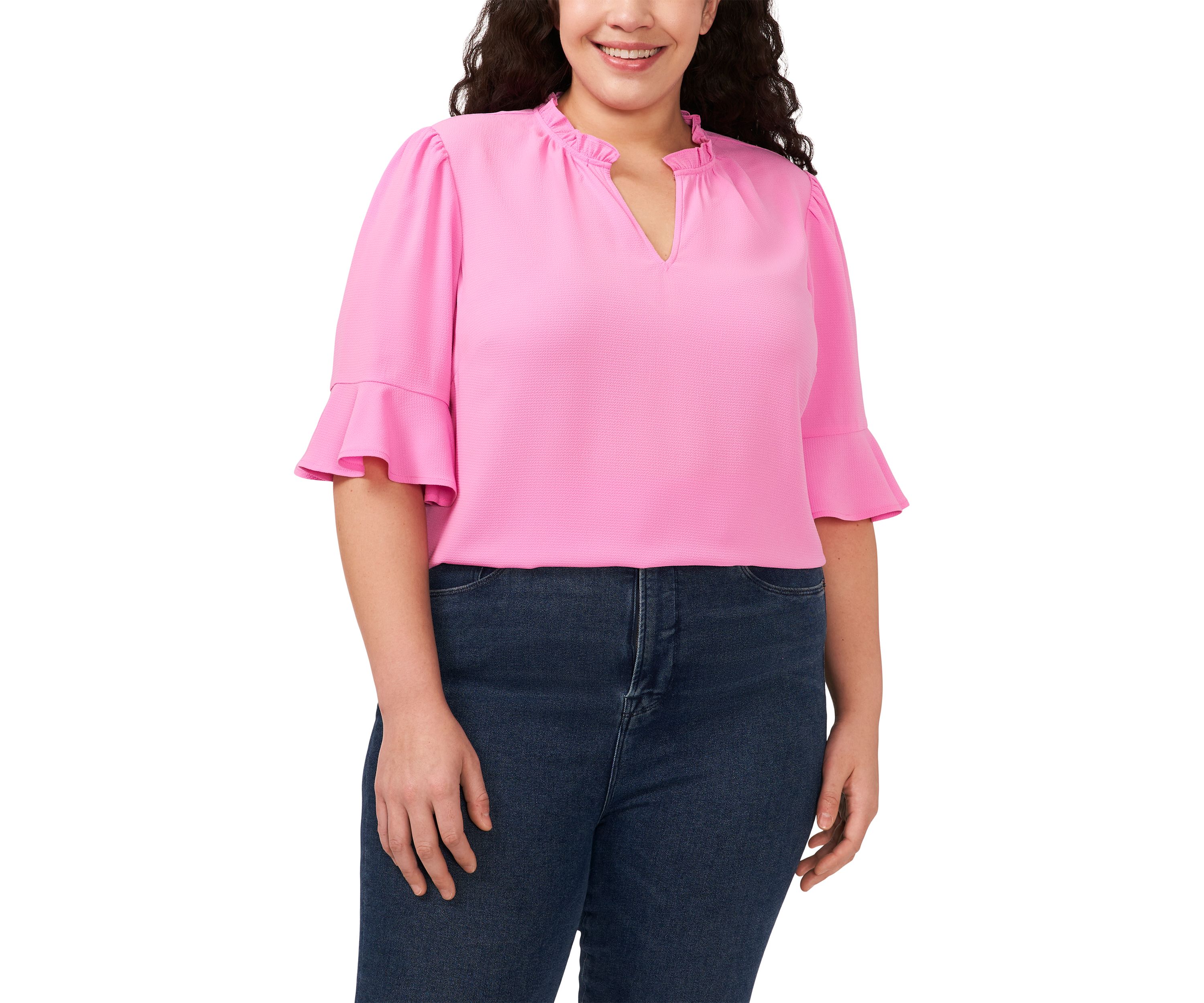 Plus Size Elbow Sleeve Shirred Ruffle Blouse