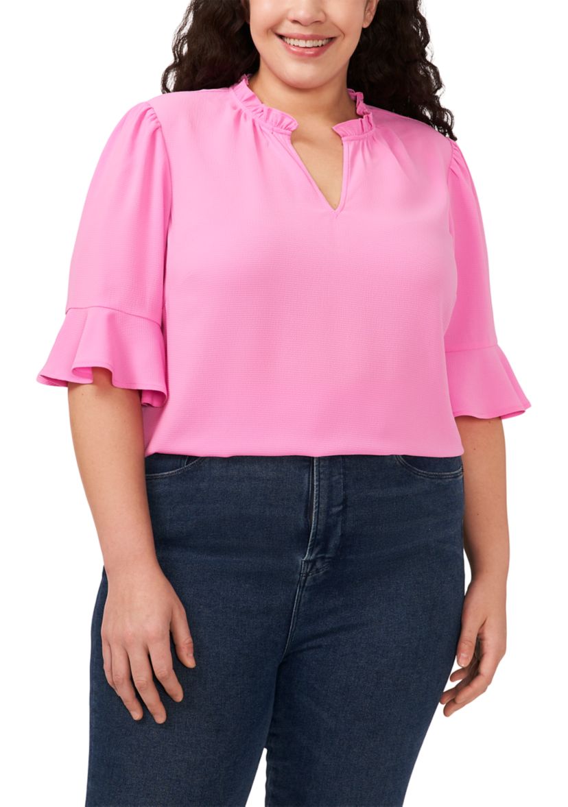 Plus Size Elbow Sleeve Shirred Ruffle Blouse