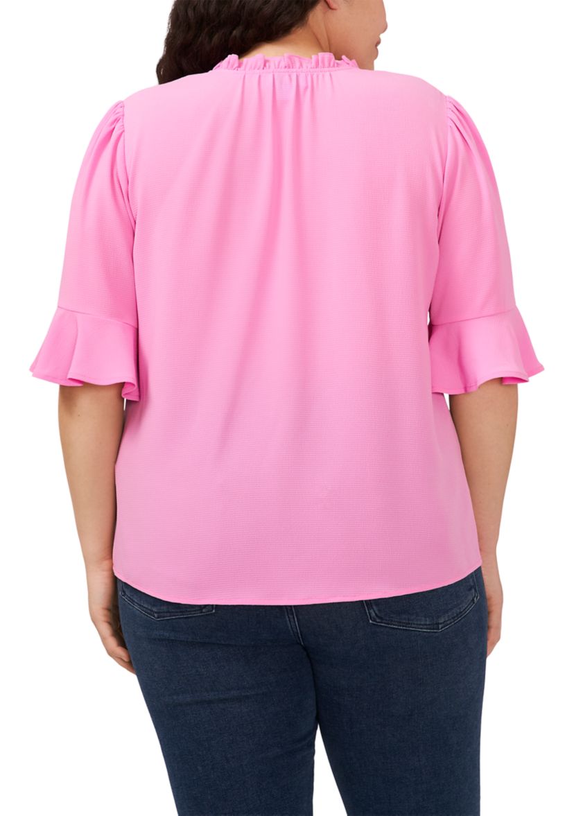 Plus Size Elbow Sleeve Shirred Ruffle Blouse