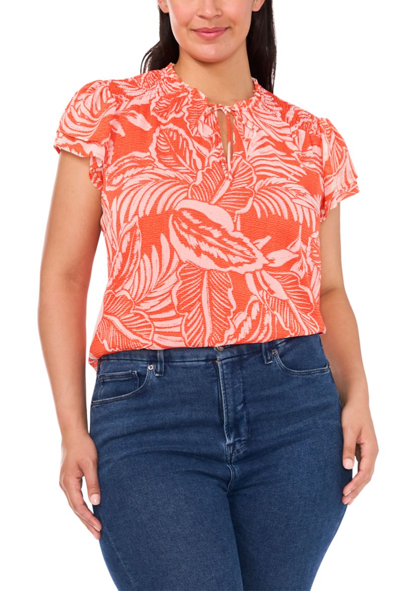 Plus Size Printed Keyhole Neck Blouse