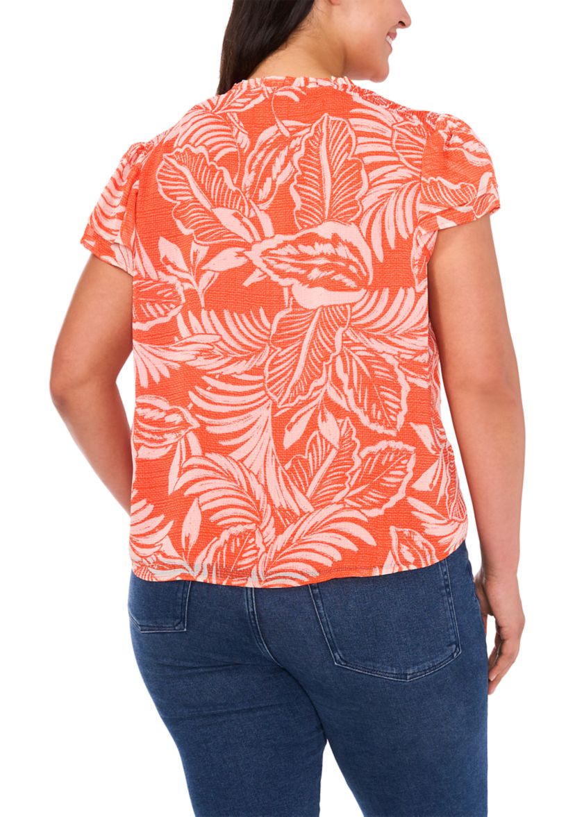 Plus Size Printed Keyhole Neck Blouse