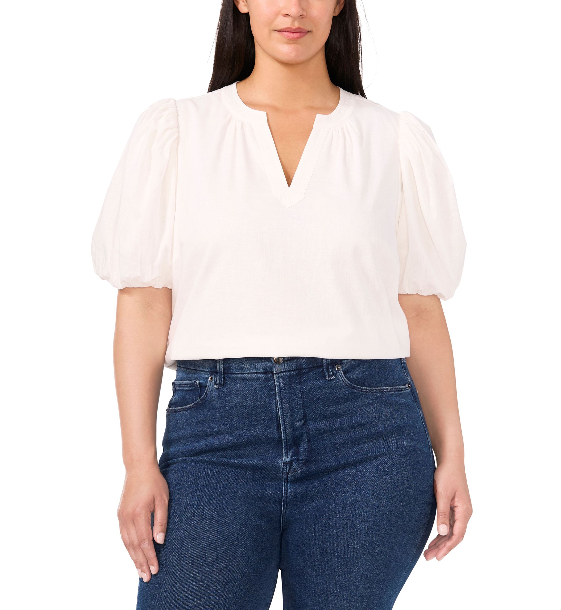 Plus Size Puff Sleeve V-Neck Babydoll Top