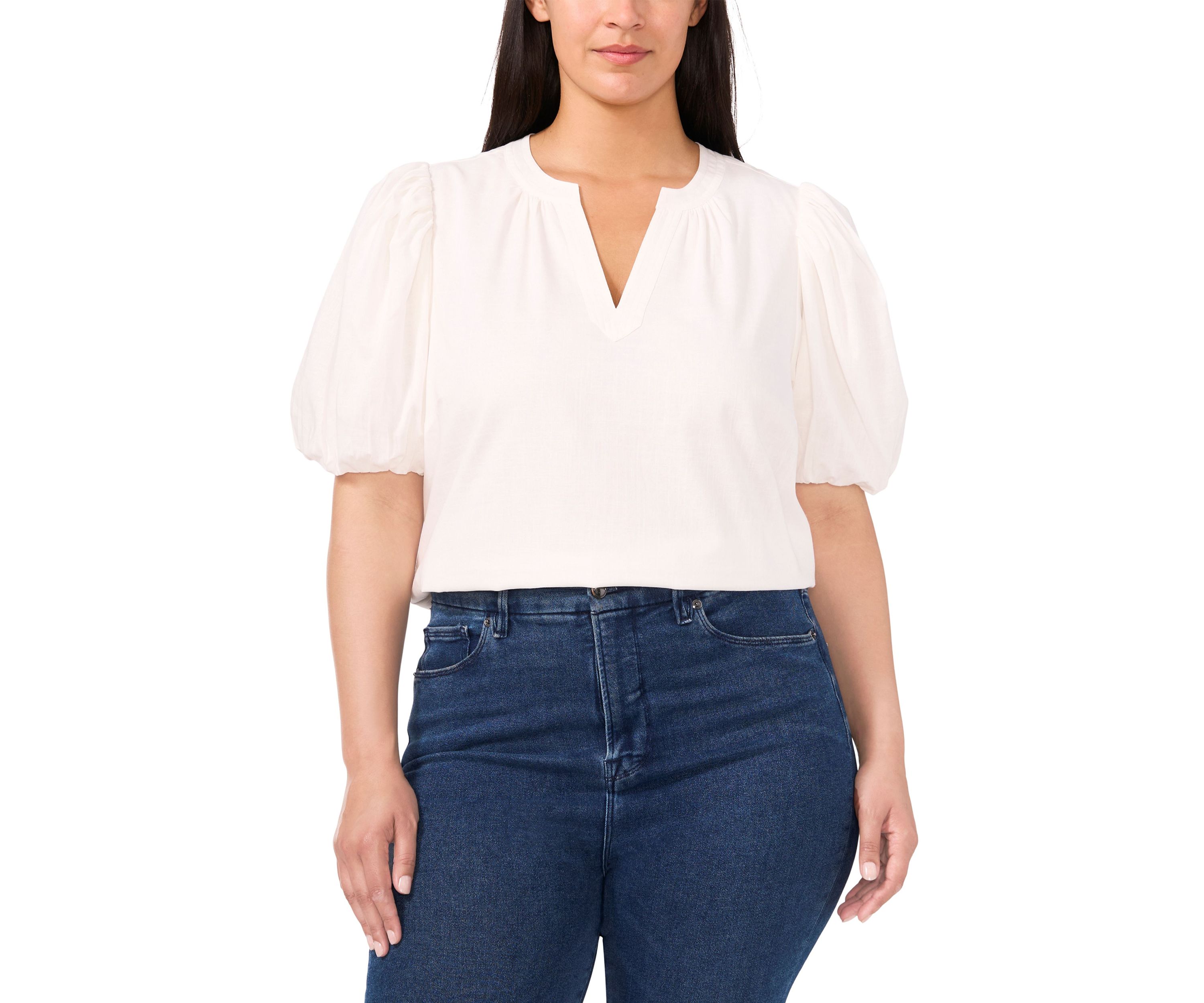 Plus Size Puff Sleeve V-Neck Babydoll Top
