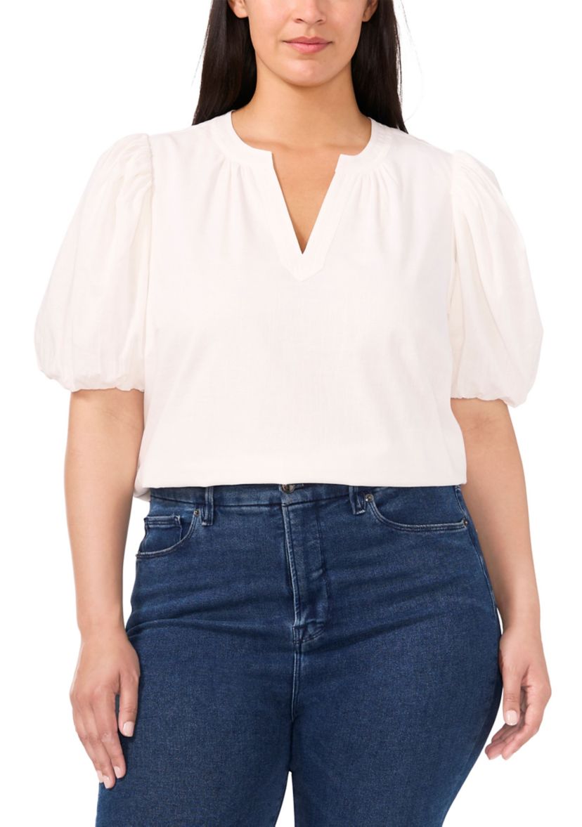 Plus Size Puff Sleeve V-Neck Babydoll Top