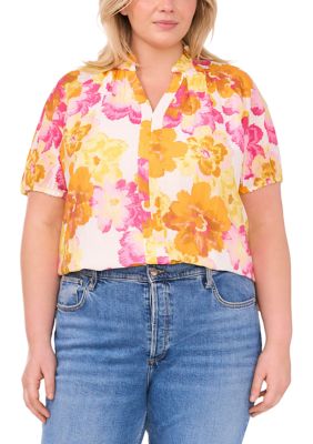 CeCe Women's Plus Size Smocked Shoulder Tie Neck Blouse, Yellow, 2X