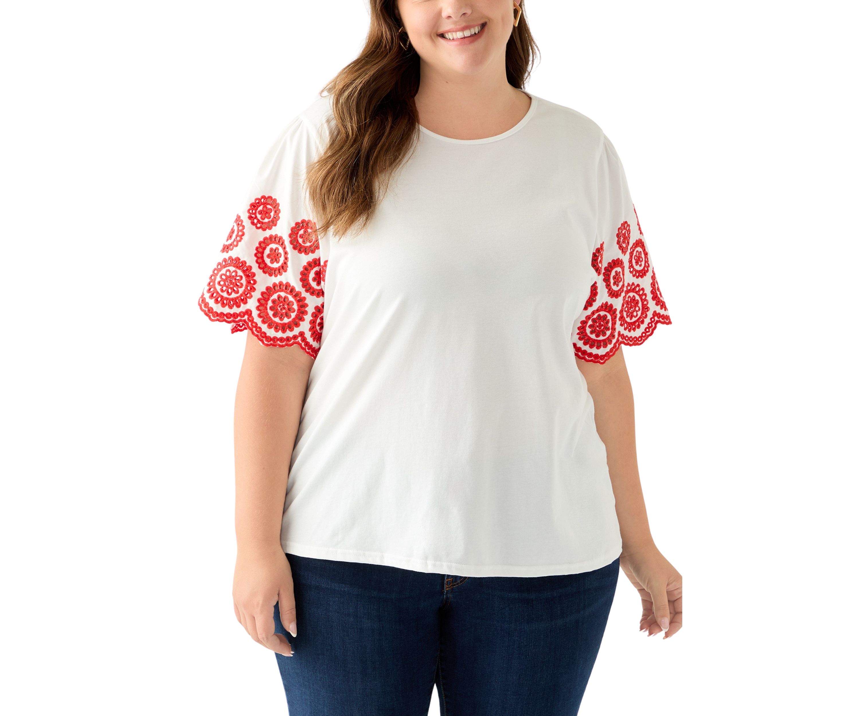 Womens Short Sleeve Embroidered Knit Top