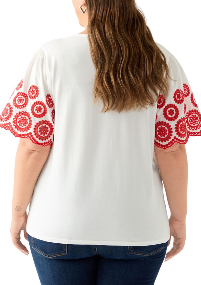 Womens Short Sleeve Embroidered Knit Top