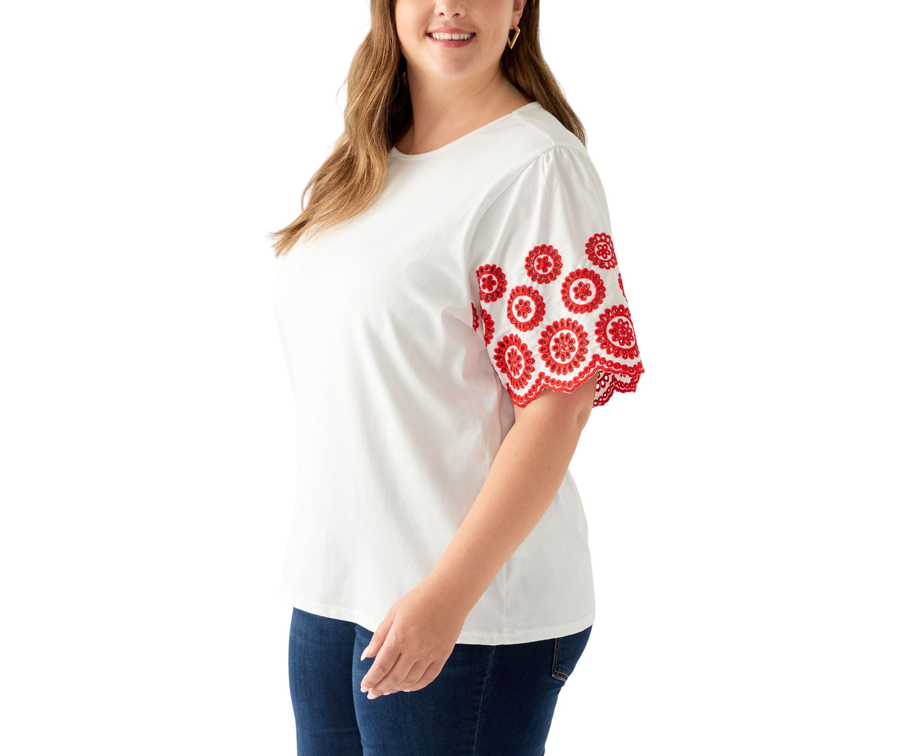 Womens Short Sleeve Embroidered Knit Top