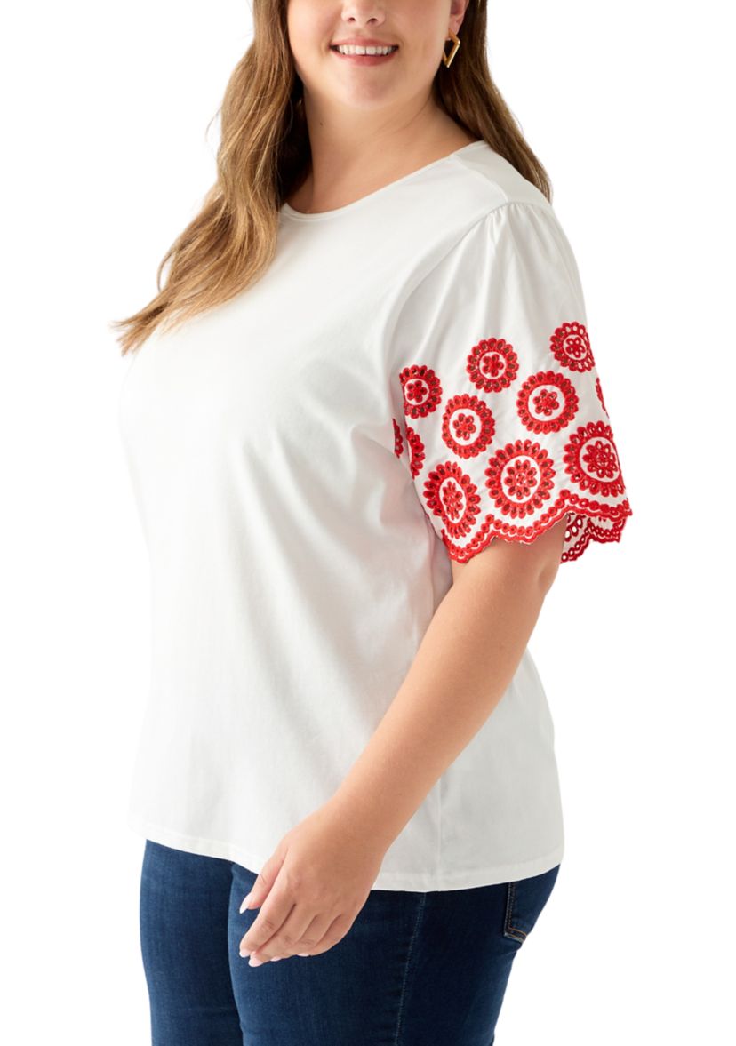 Womens Short Sleeve Embroidered Knit Top