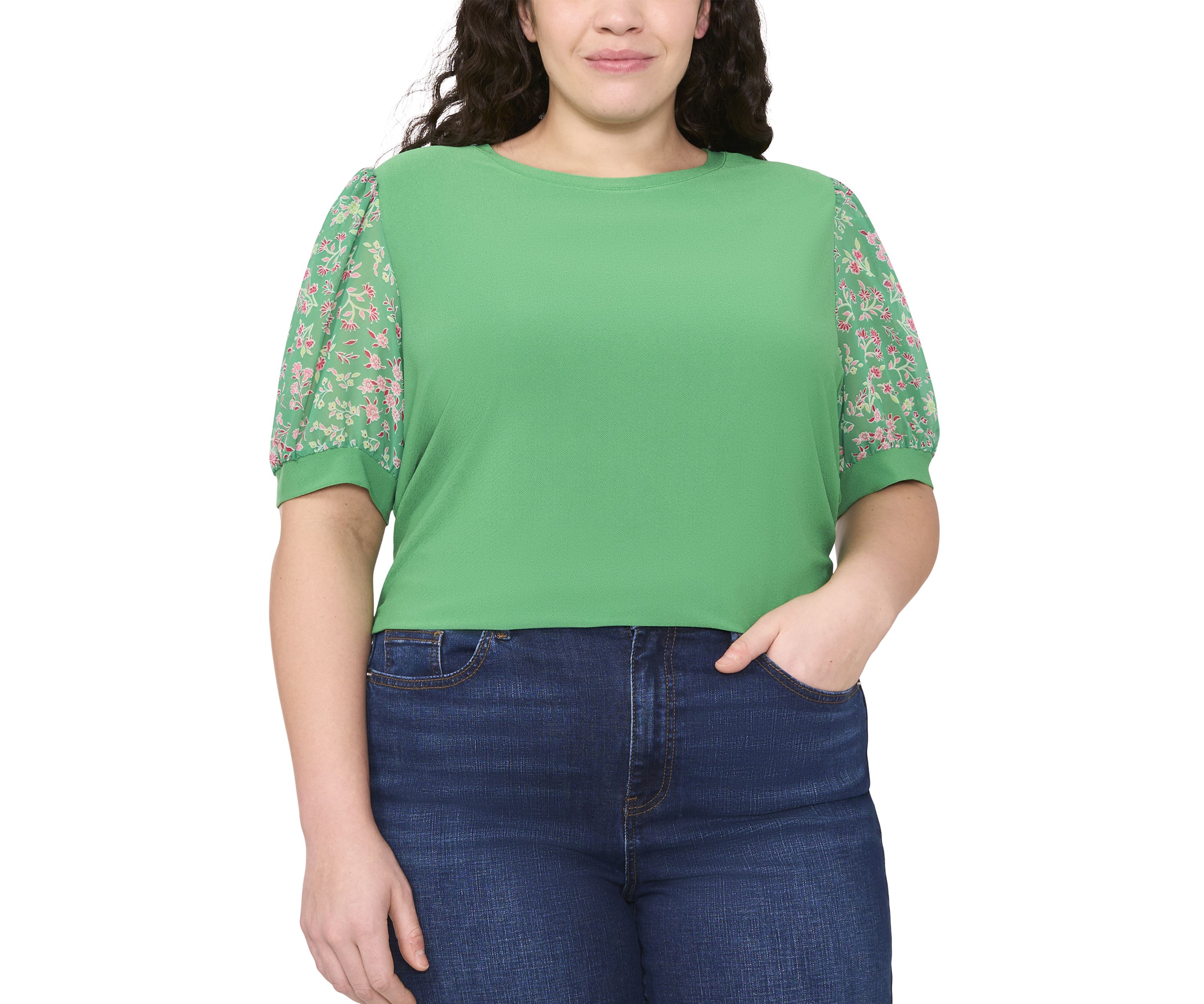 Plus Size Mixed Media Puff Sleeve Top 