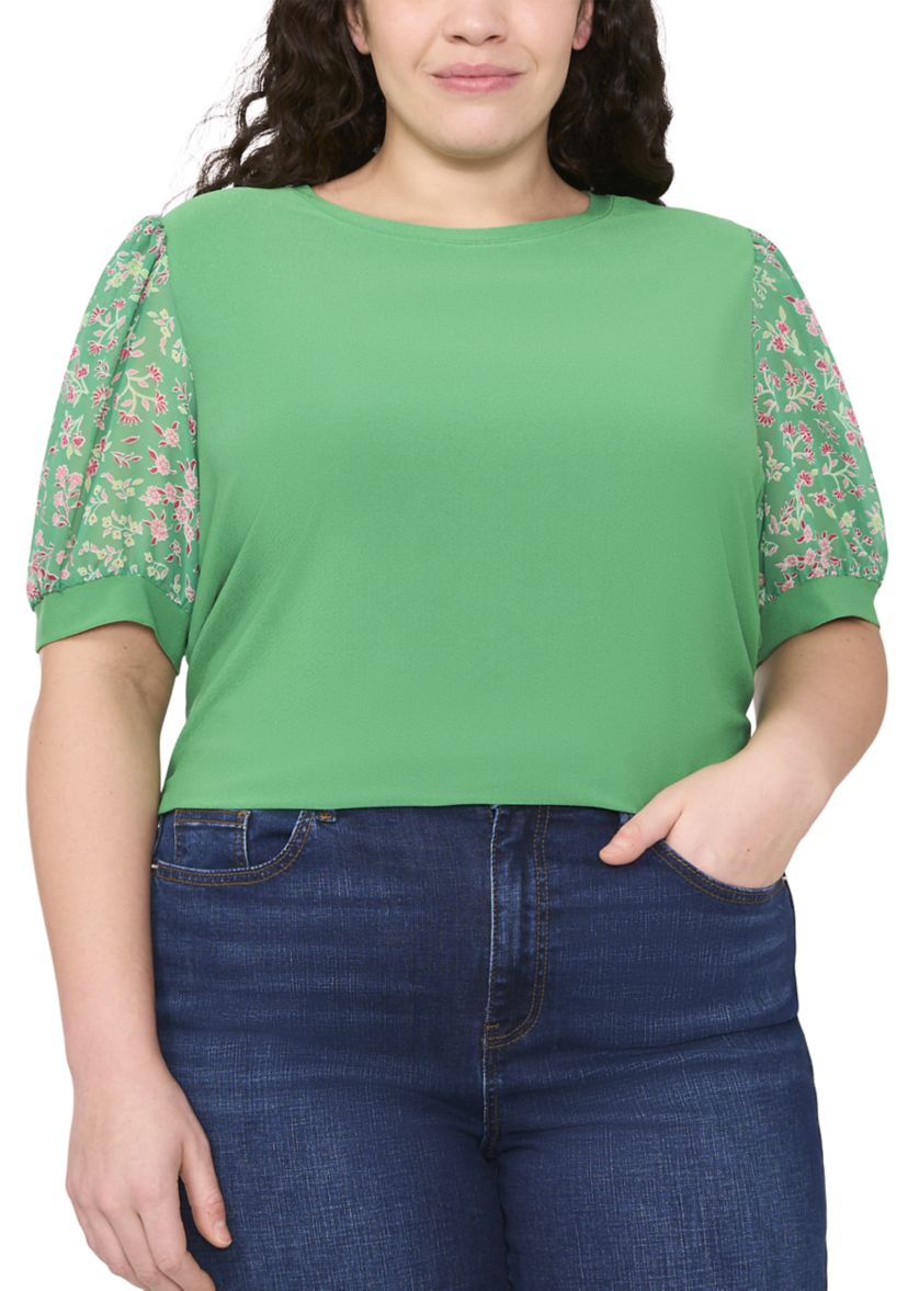 Plus Size Mixed Media Puff Sleeve Top 