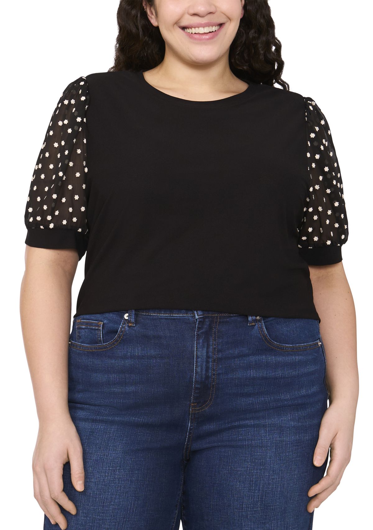 Plus Size Mixed Media Puff Sleeve Top 