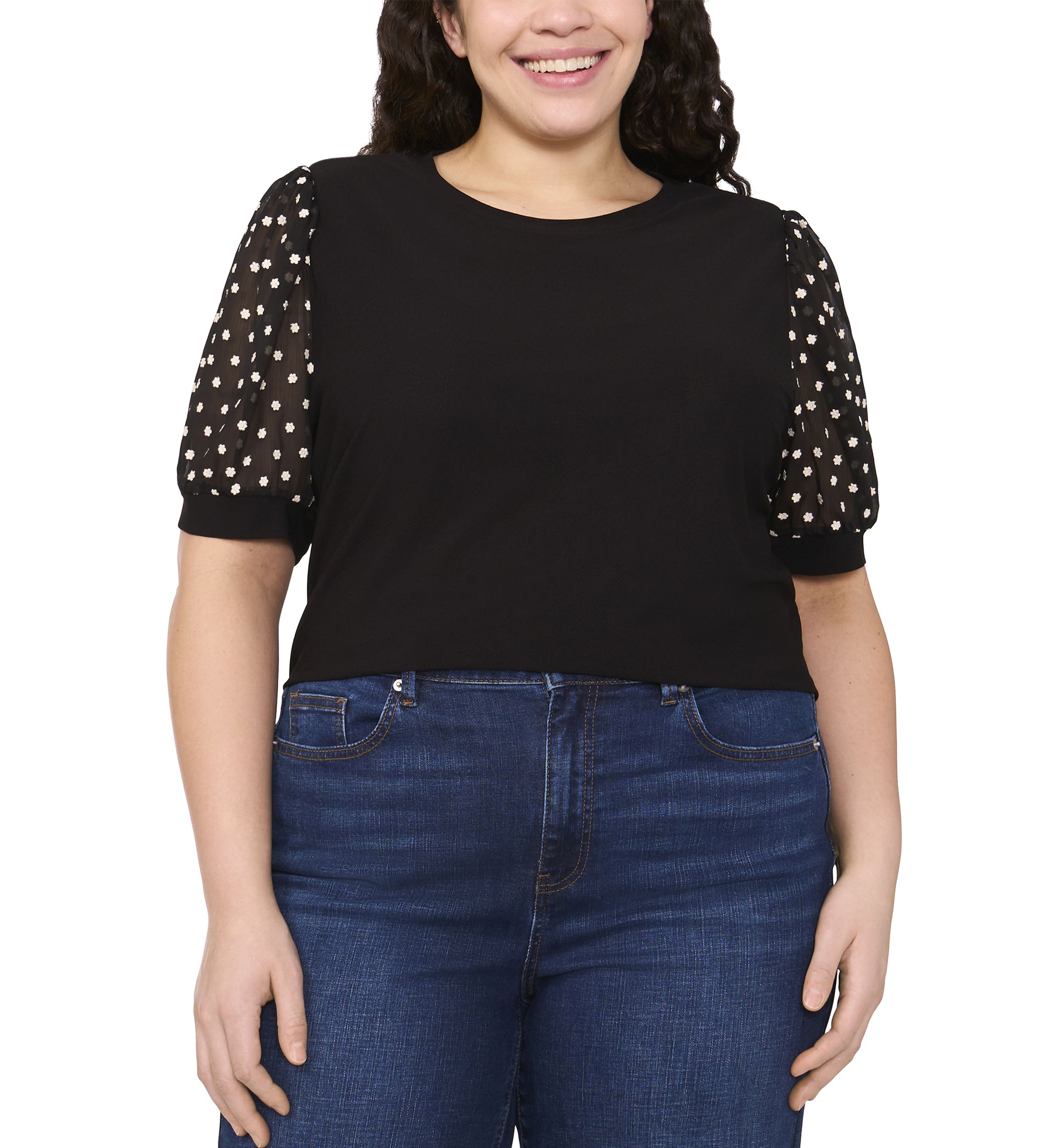 Plus Size Mixed Media Puff Sleeve Top 