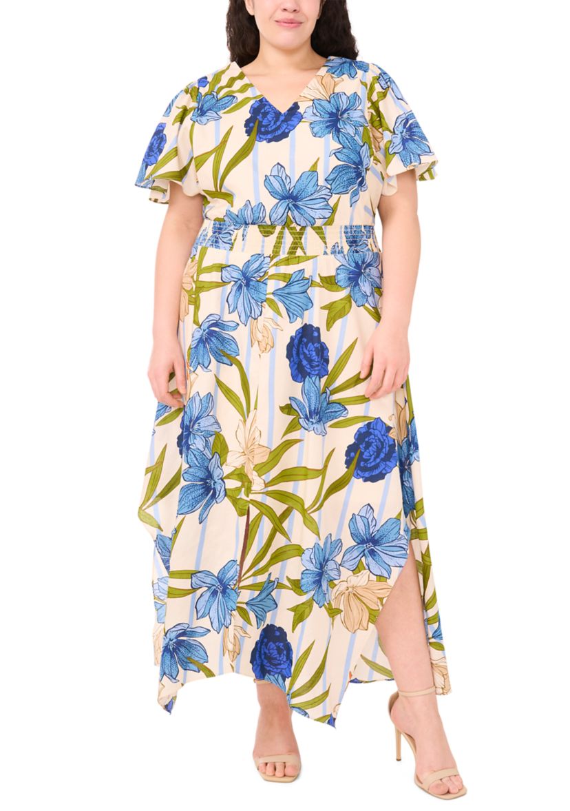 Plus Size Printed Flutter Sleeve Maxi Dress