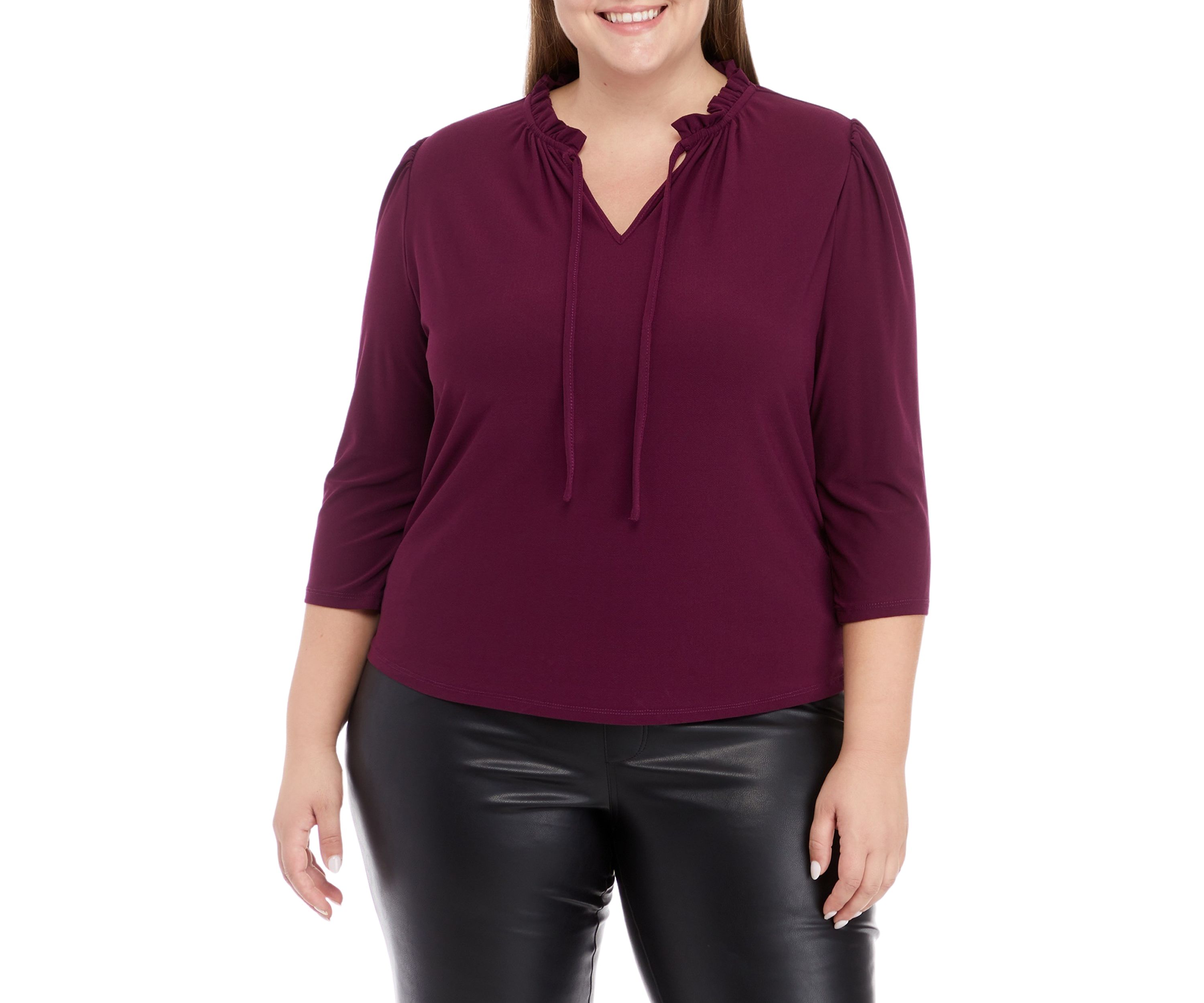 Plus Size 3/4 Sleeve Ruched Tie Neck Knit Top