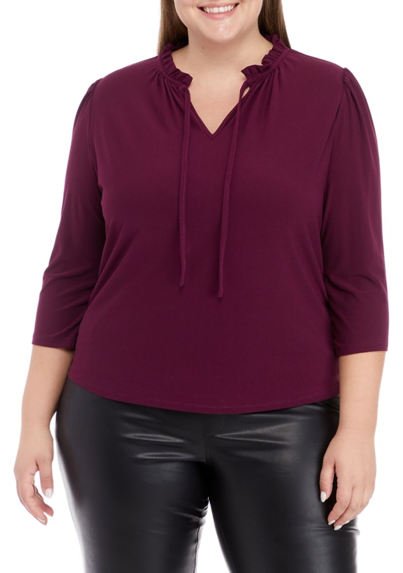 Plus Size 3/4 Sleeve Ruched Tie Neck Knit Top