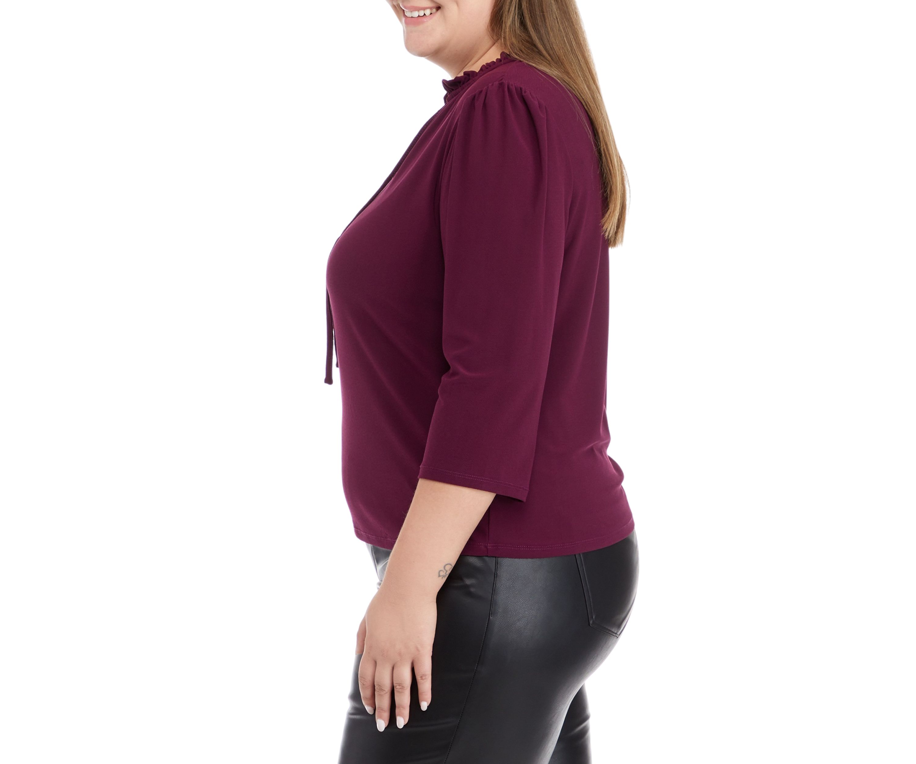 Plus Size 3/4 Sleeve Ruched Tie Neck Knit Top